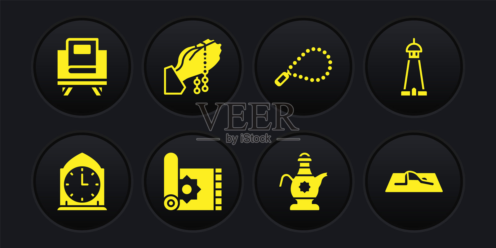 设置时钟，清真寺塔或尖塔，传统地毯，伊斯兰茶壶，宗教念珠，双手祈祷姿势，穆斯林男子祈祷和《古兰经》图标。矢量图。插画图片素材