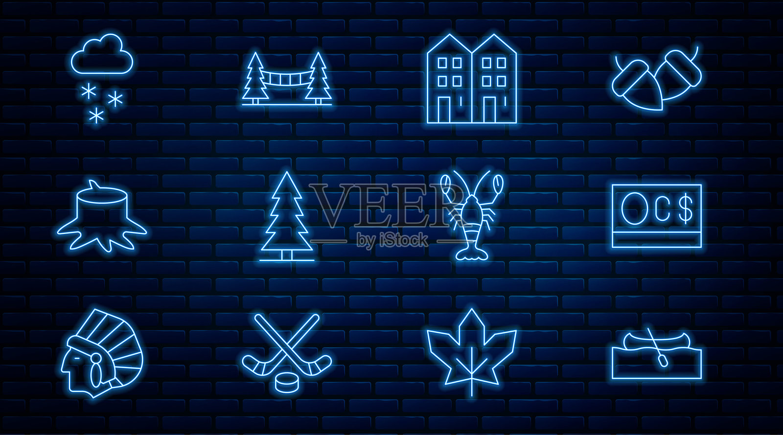 独木舟或皮划艇，加拿大元，房屋，云杉，树桩，带雪的云，龙虾和卡皮拉诺吊桥图标。矢量图。插画图片素材