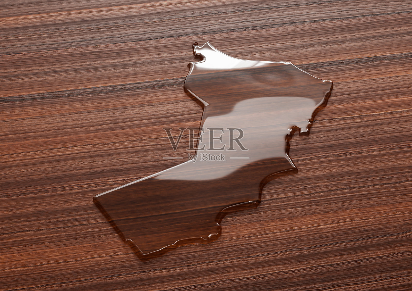 用透明液态水制成的阿曼地图，放在木地板上，节水概念3D插图照片摄影图片