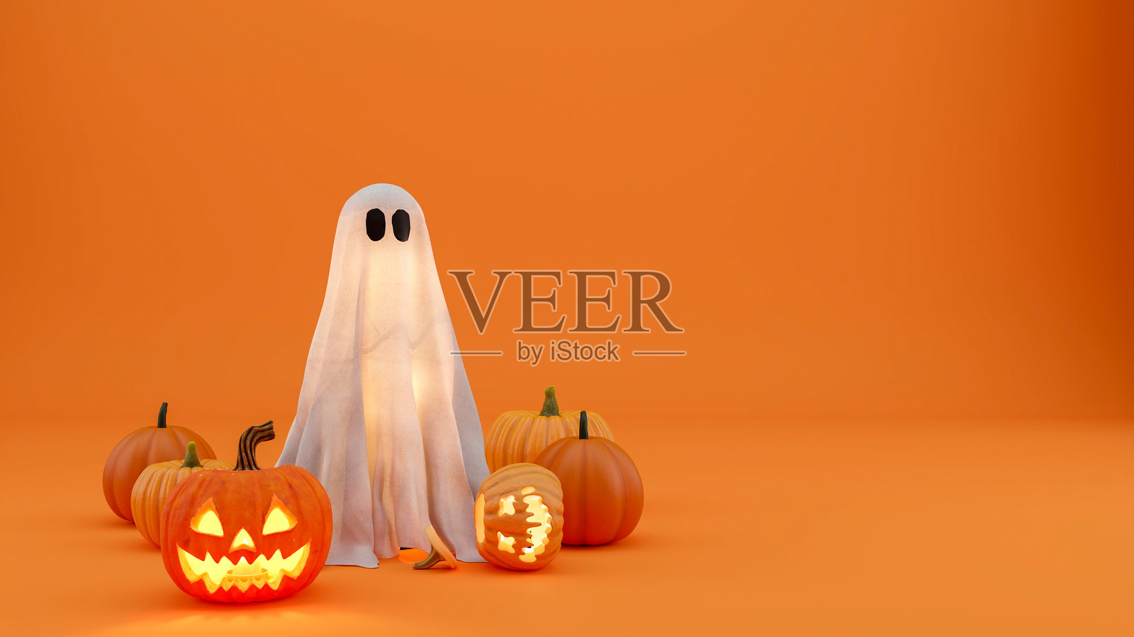 万圣节概念：可爱的鬼魂和南瓜在橙色背景上，留有空白空间 - 3D 渲染照片摄影图片
