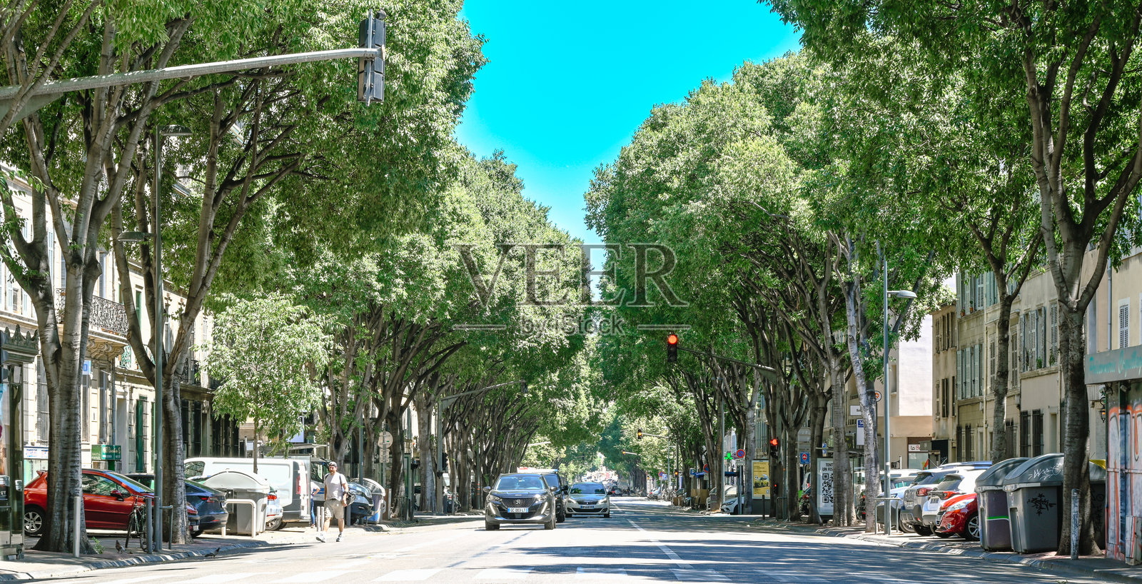 在法国马赛的贝尔大街绿树成荫的视角。夏季城市生活,交通,阳光和地中海城市社区的建筑。照片摄影图片