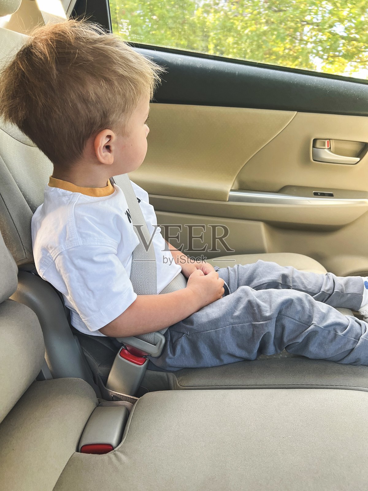 孩子坐在汽车后座，安全系好安全带，正在旅途中望着窗外。照片摄影图片