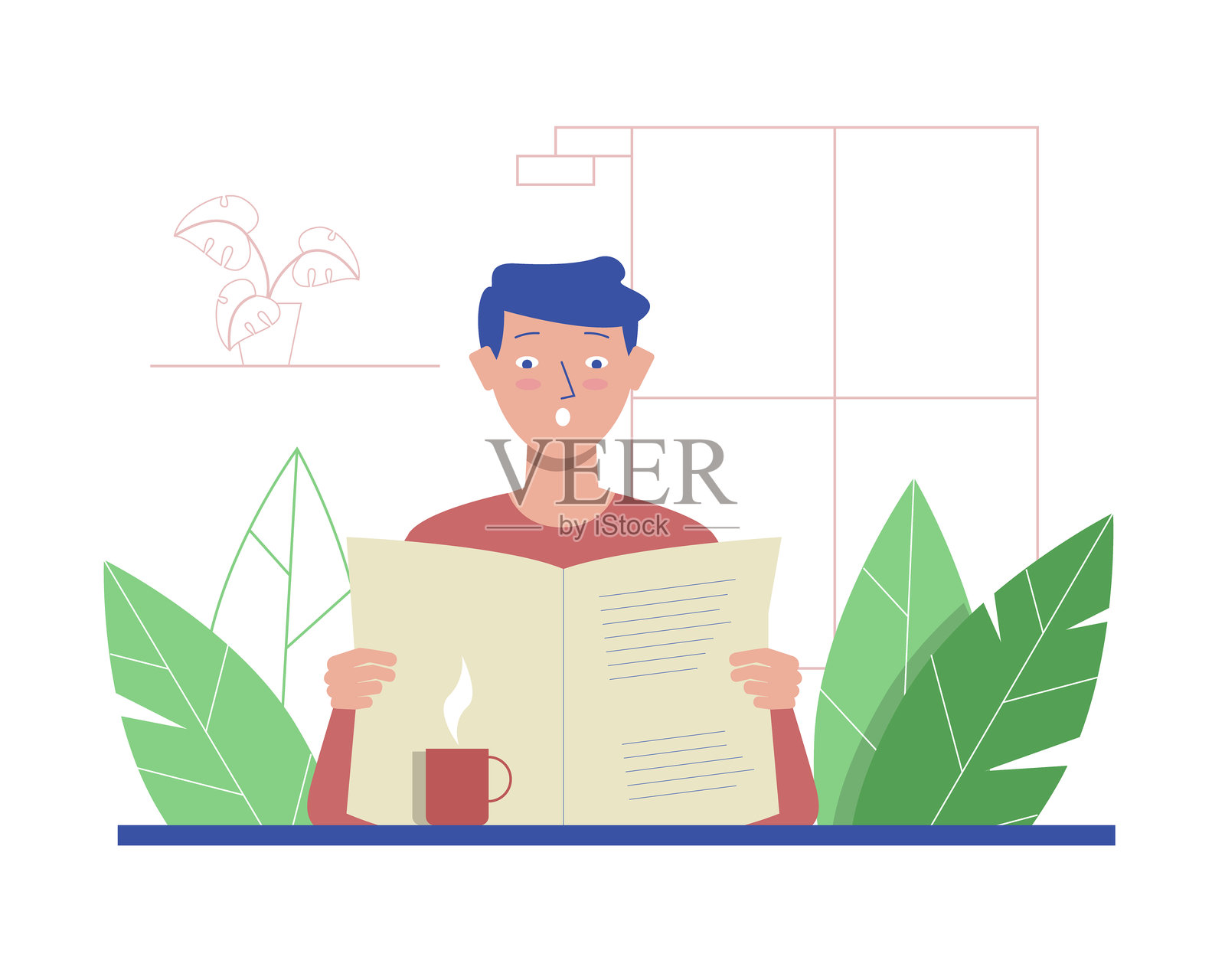 年轻男子坐在桌子旁阅读报纸插画图片素材