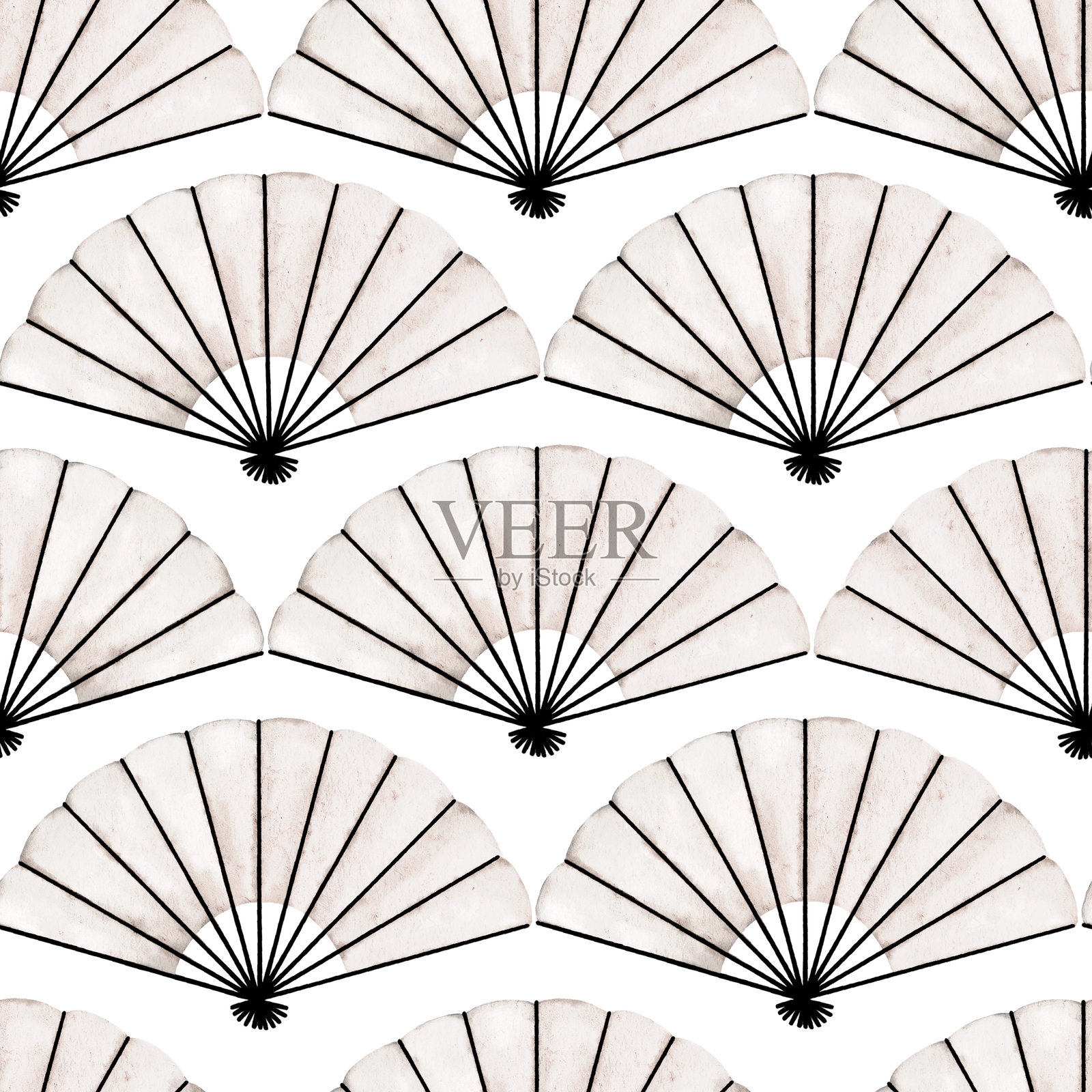 无缝水彩图案，优雅的白色折扇以重复排列的方式呈现。非常适合纺织设计、包装纸、墙纸、文具、包装或文化节日项目。插画图片素材