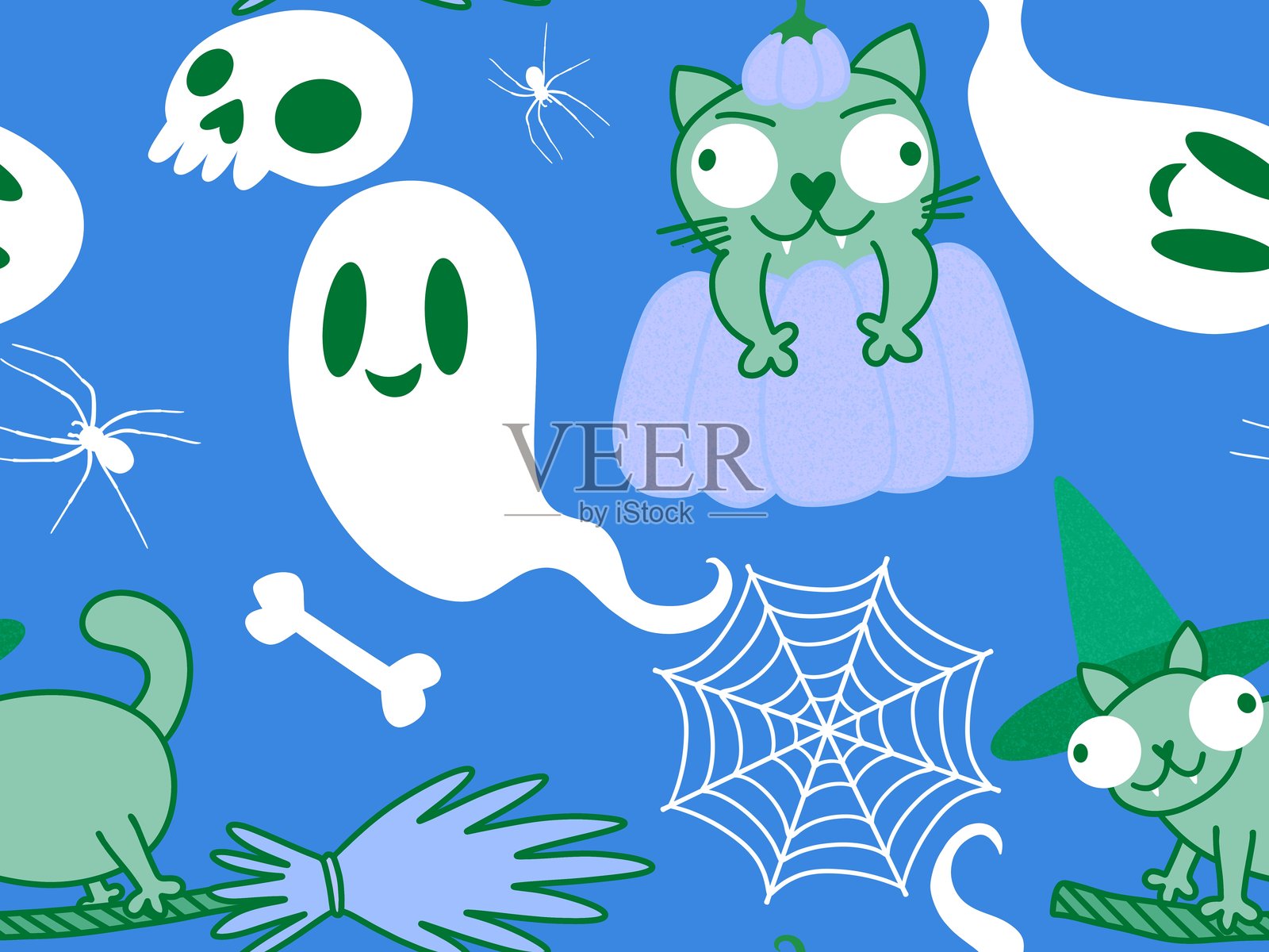 万圣节无缝猫图案，适用于面料、纺织品和包装插画图片素材