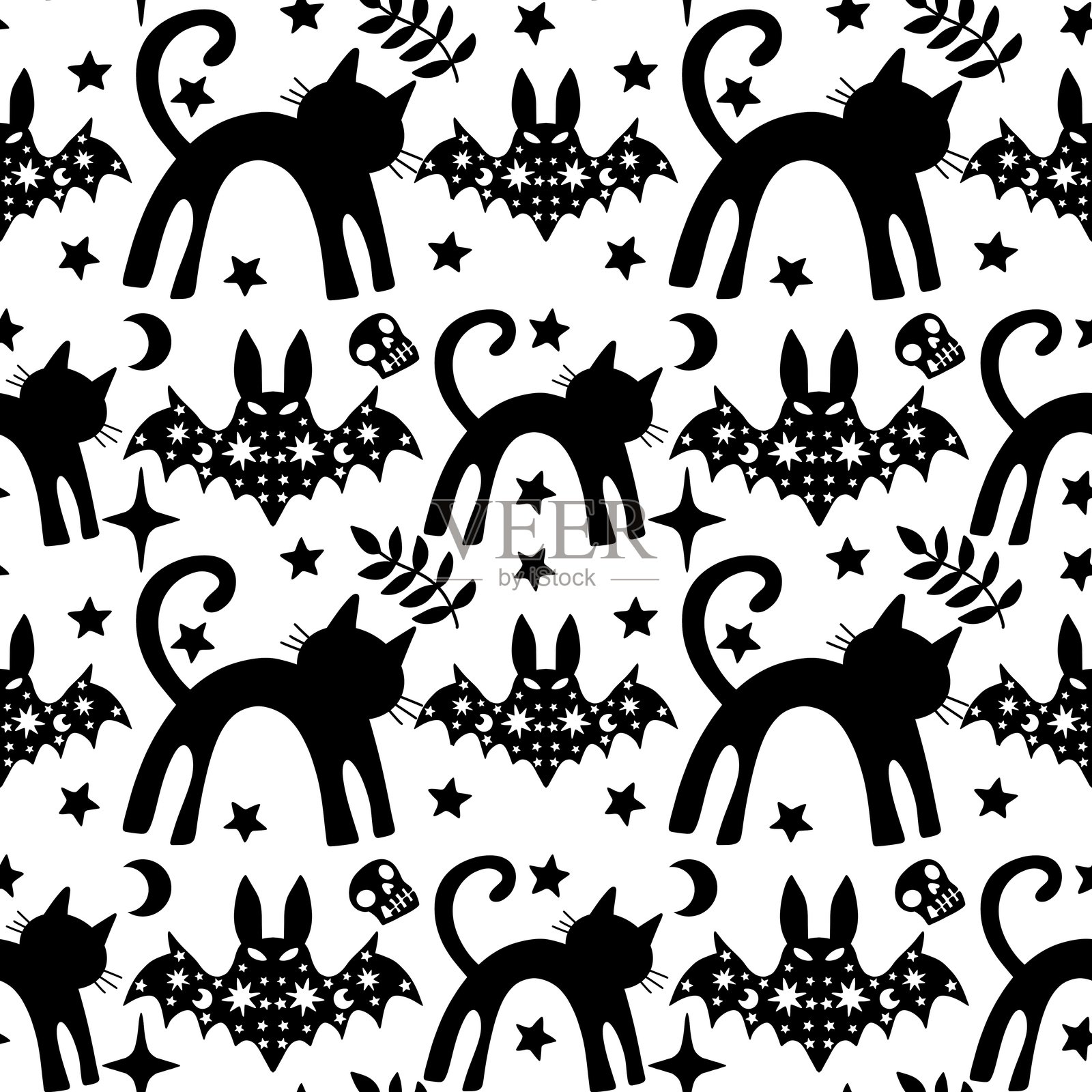 万圣节无缝猫图案，适用于面料、纺织品和包装插画图片素材