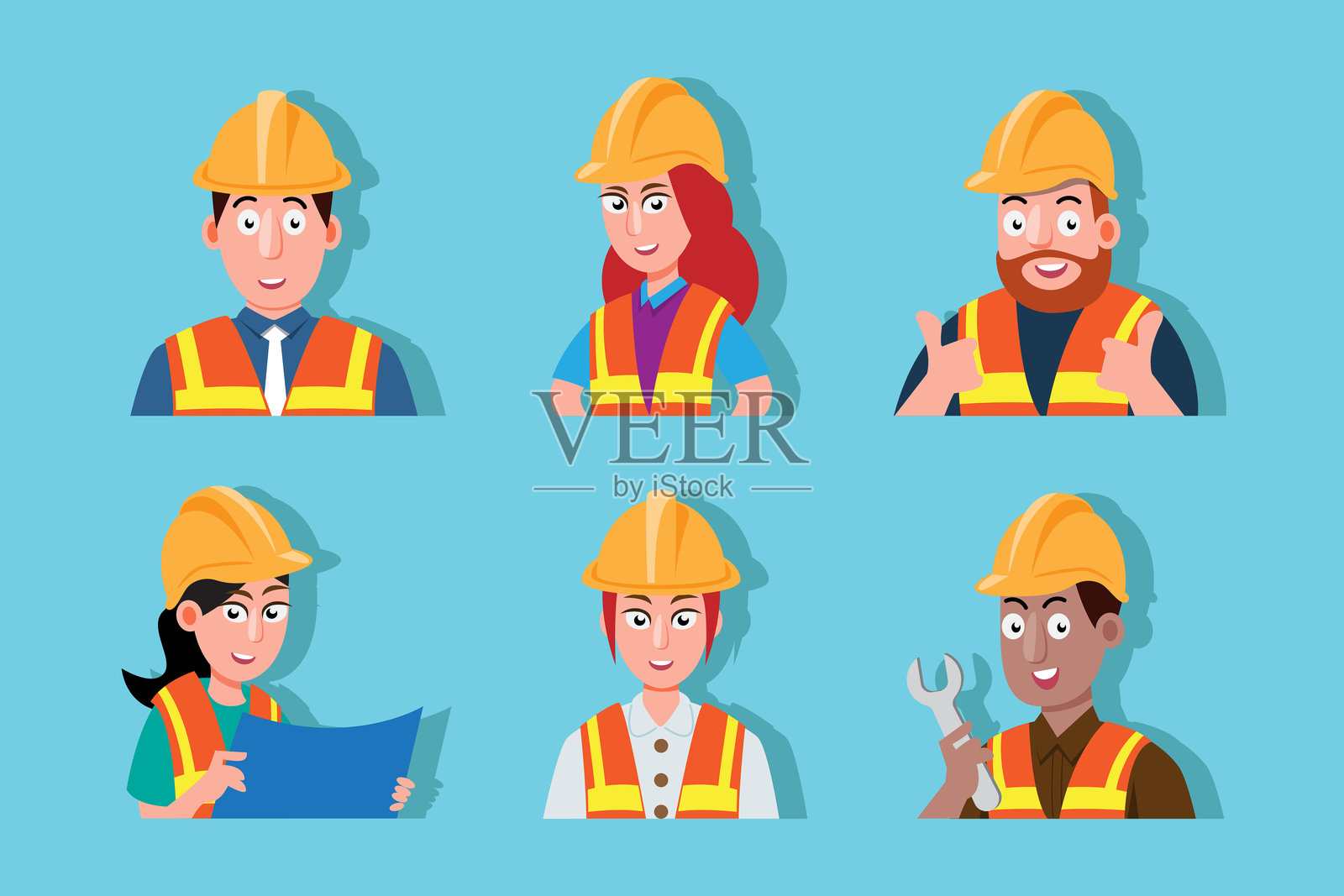 戴着安全头盔的建筑工人角色插画图片素材