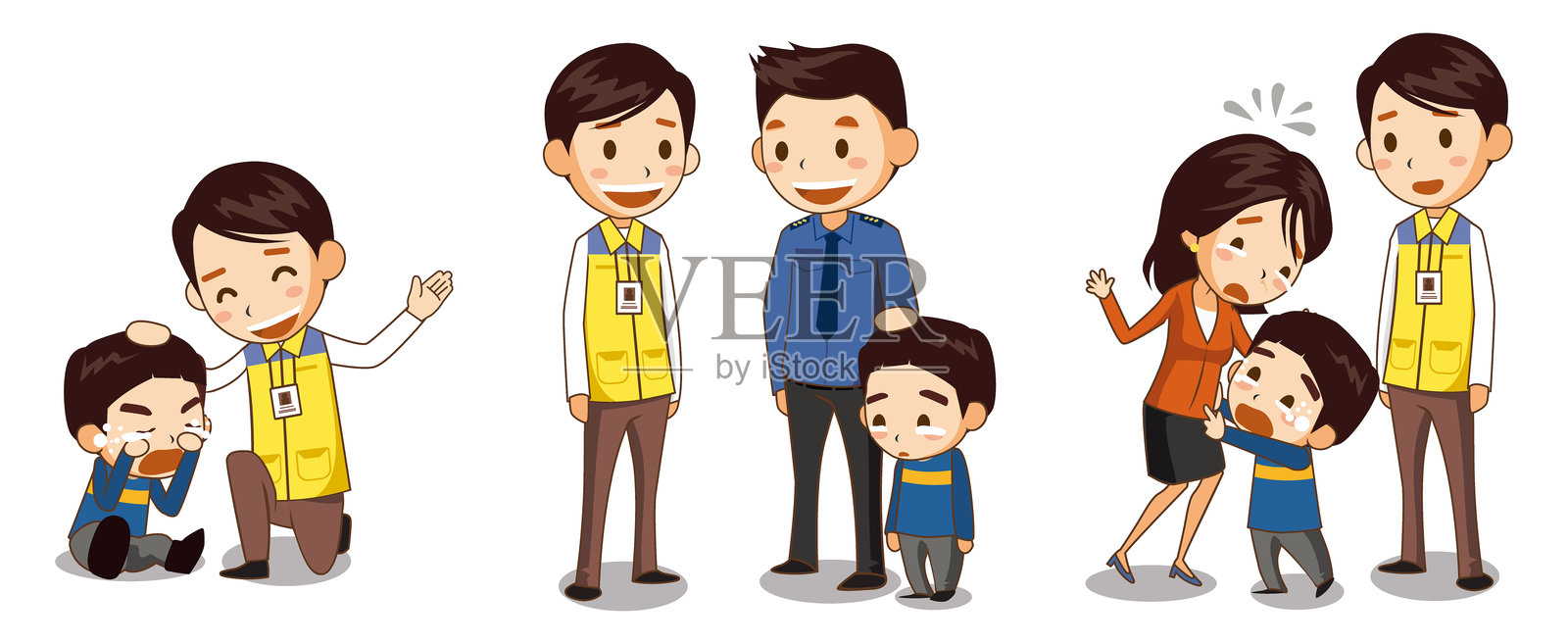 安全员帮助迷路的孩子 - 安慰、交给警察，并与监护人团聚，矢量插图集插画图片素材