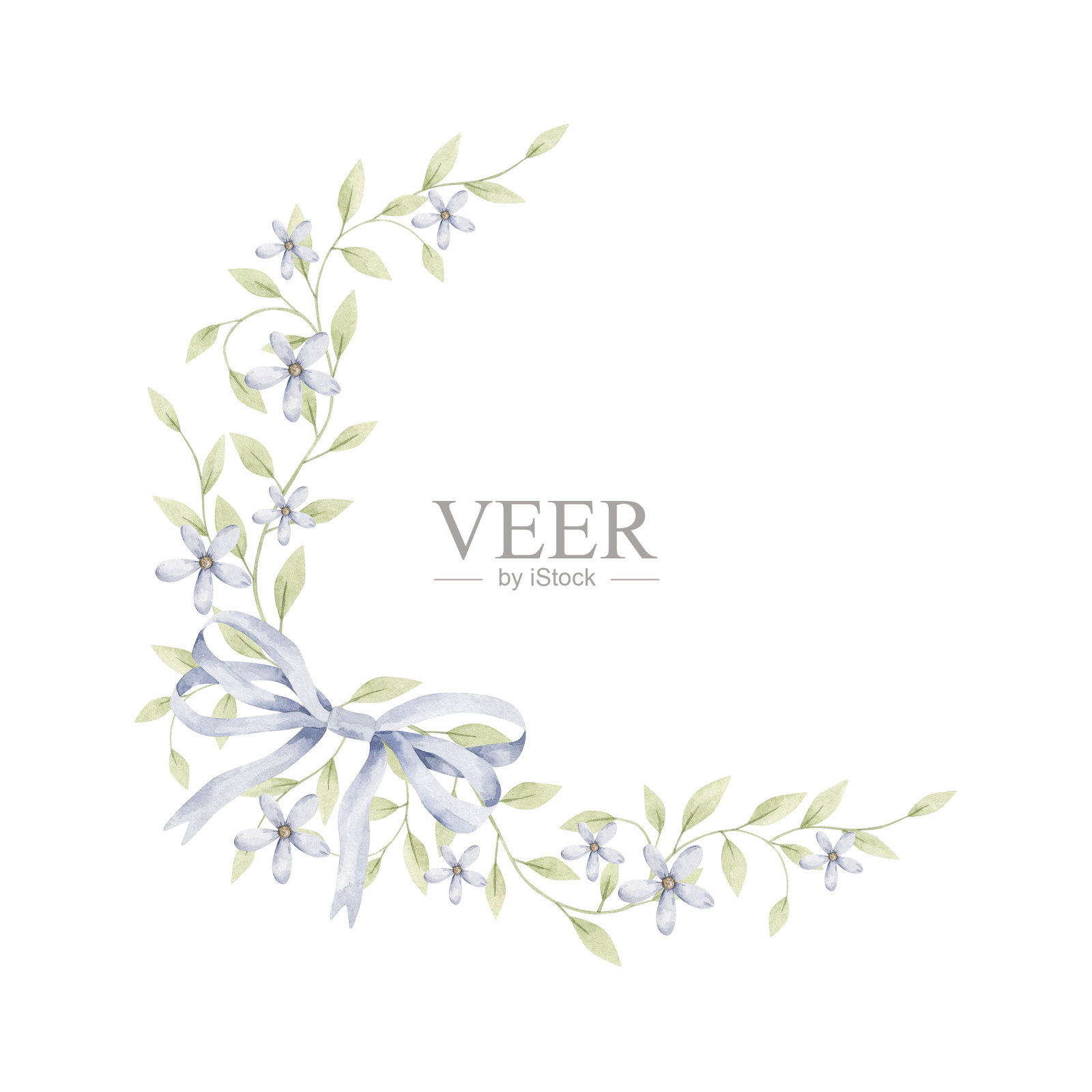 这是一个男孩。水彩手绘半圆花环，配有蝴蝶结、柔和的叶子和蓝色花朵。适用于宝宝洗礼、性别揭晓派对和婴儿房设计的模板。插画图片素材