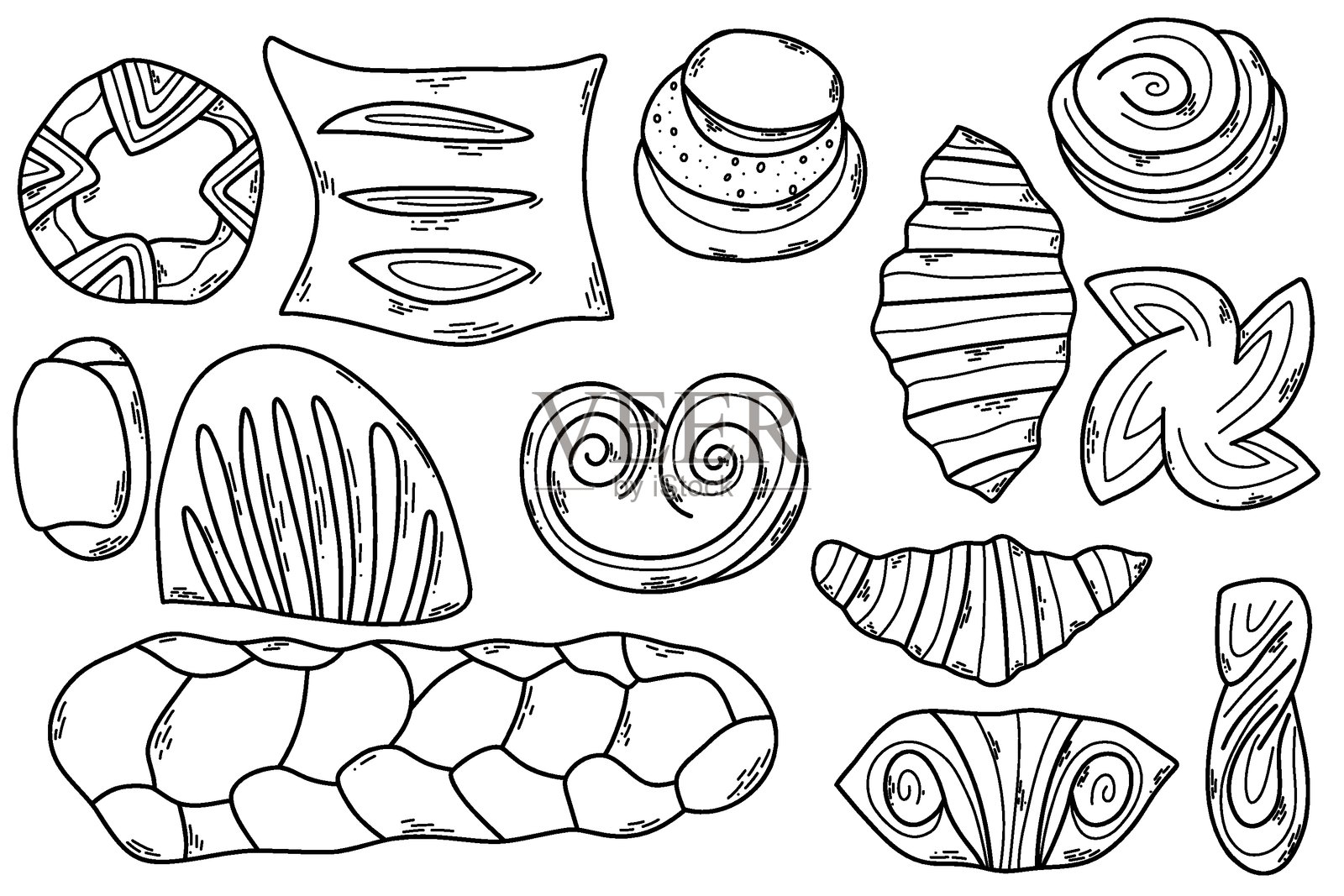 黑白轮廓的糕点详细线条艺术。插画图片素材