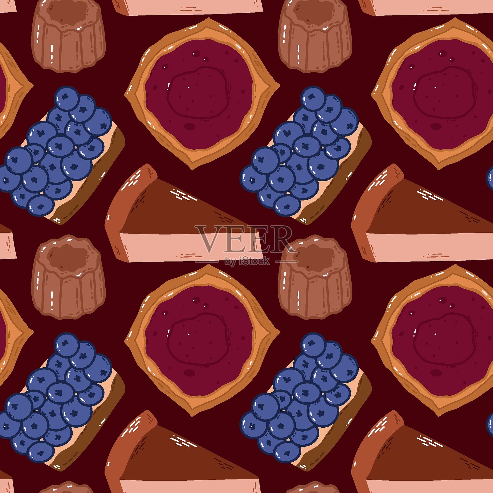 深红色背景上的各种色彩缤纷的糕点无缝图案插画图片素材