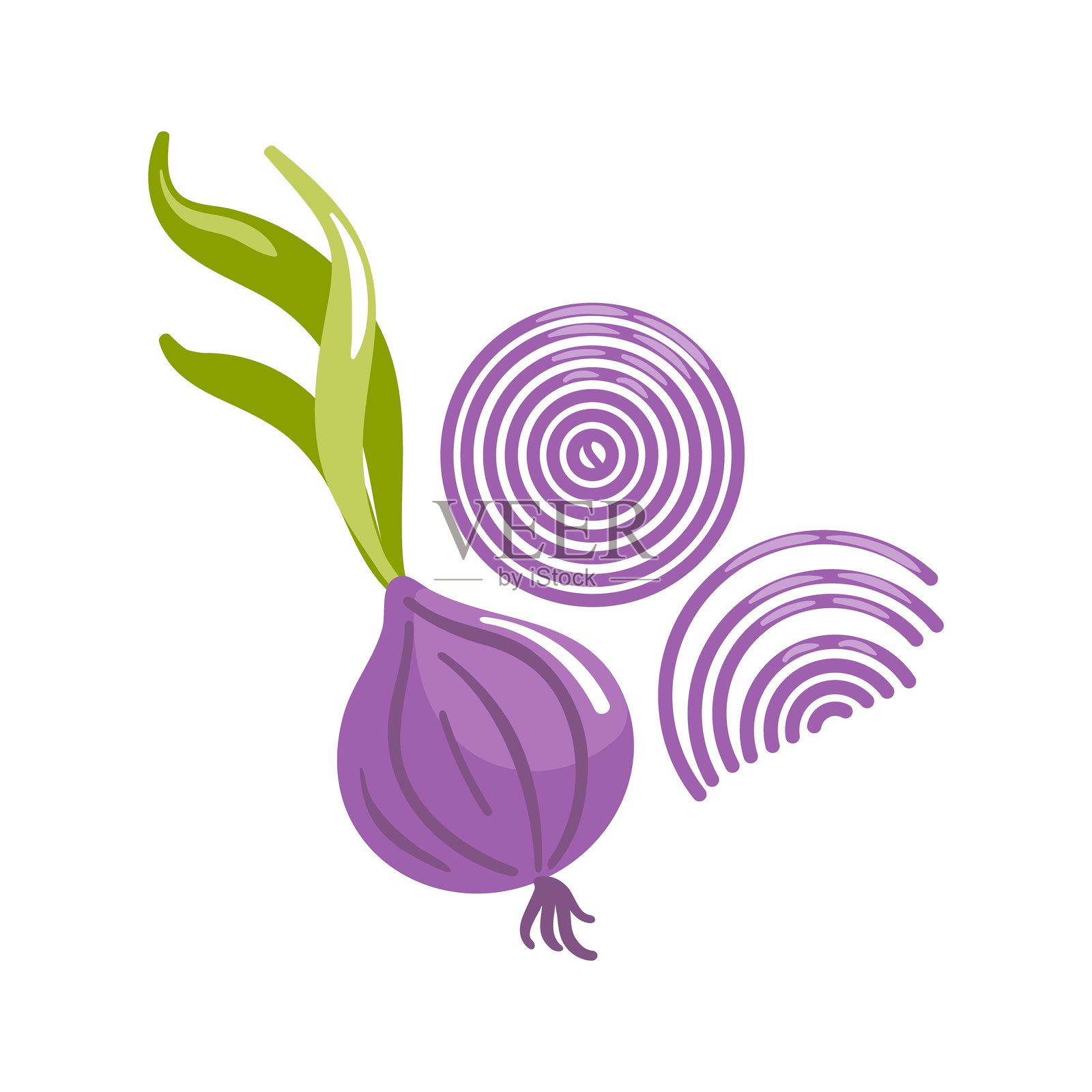 一幅紫洋葱的矢量插图，具有光滑的表皮、分层的纹理、细腻的阴影和大胆干净的线条，适合现代、充满活力的食品图形。插画图片素材
