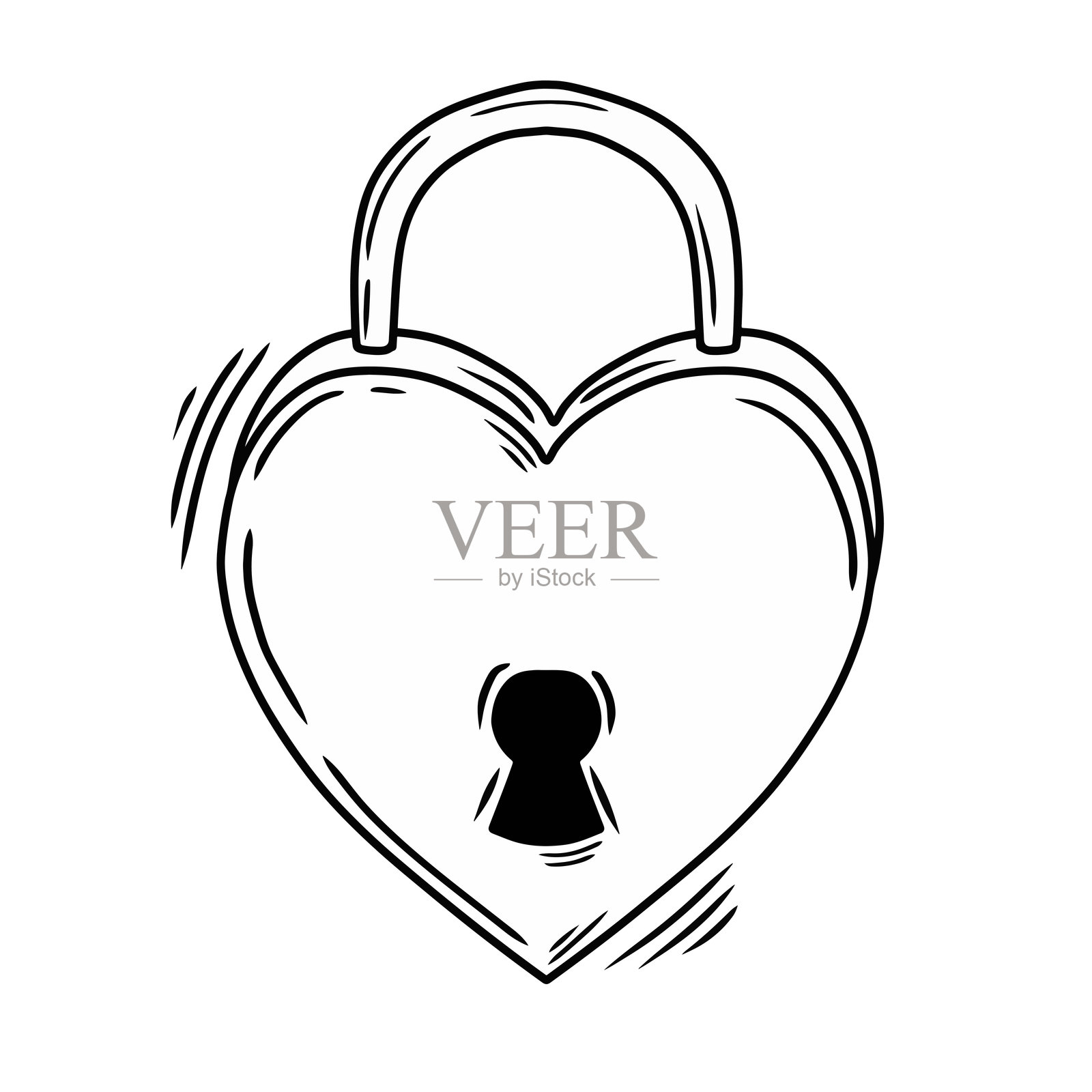 心形锁。手绘线条图像，涂鸦风格的矢量插图，适合情人节使用。插画图片素材