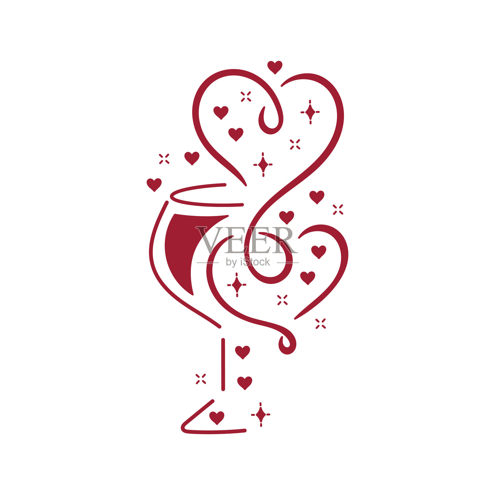 香槟杯与两个交织的心形。适用于情人节、周年纪念、婚礼祝酒和浪漫庆祝的优雅矢量插图。插画图片素材
