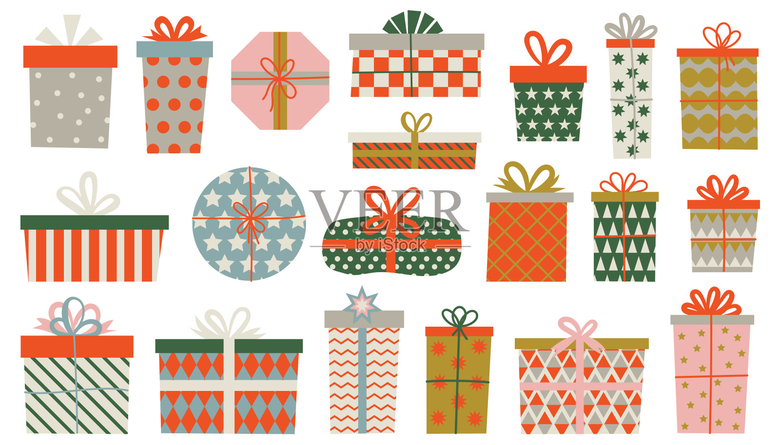 卡通扁平风格的礼品盒套装，明亮的包装上系着五彩缤纷的丝带和蝴蝶结。可爱的节日插图，适用于圣诞节、生日、派对、庆祝活动、贺卡和节日设计。插画图片素材