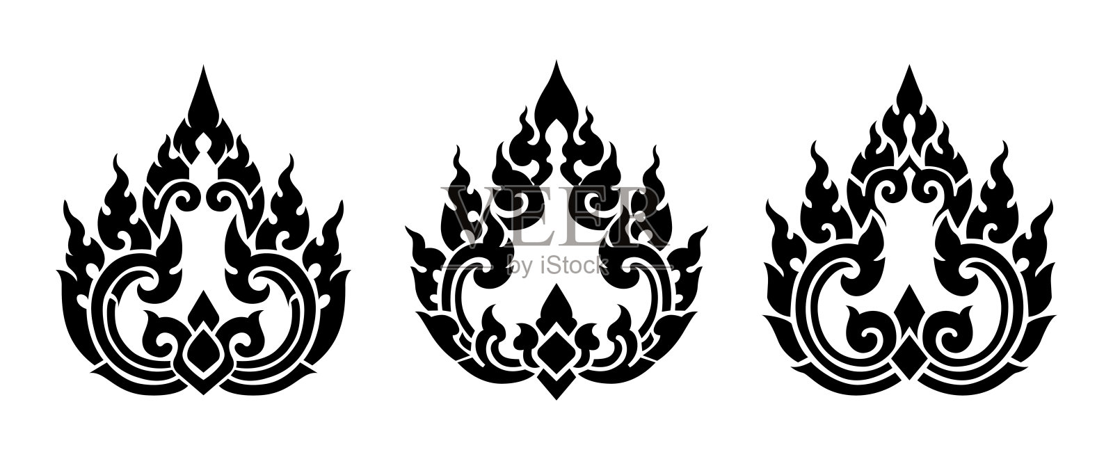 泰国部落纹身套件，传统的Kanok艺术火焰矢量剪影，用于泰拳标志插画图片素材