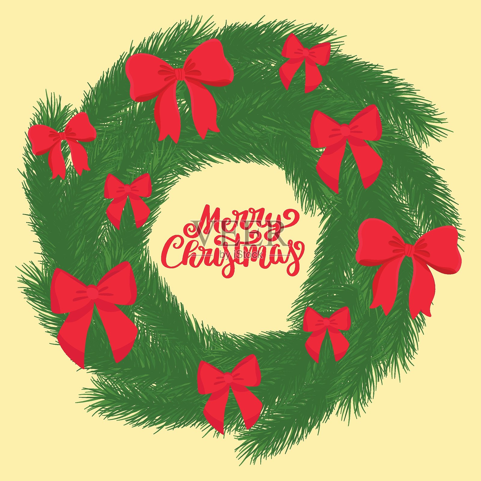 圣诞快乐的松树花环装饰着红色蝴蝶结的贺卡插画图片素材