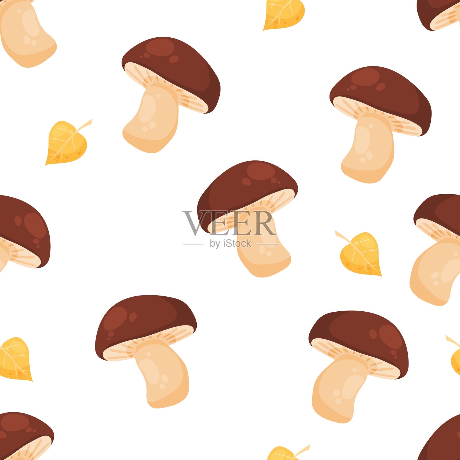 无缝图案，包含蘑菇和黄色叶子插画图片素材