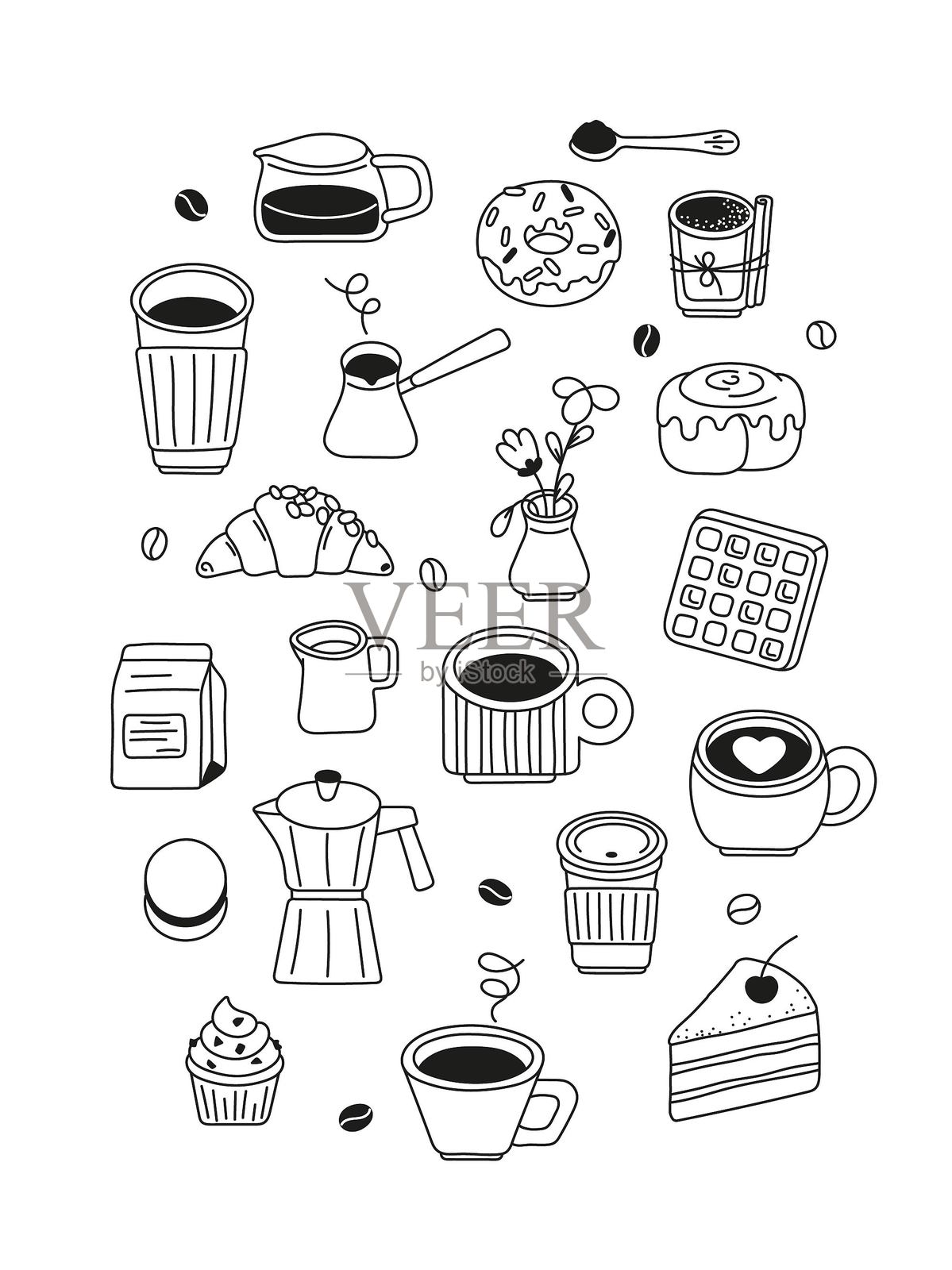 咖啡套装。黑白插图。插画图片素材