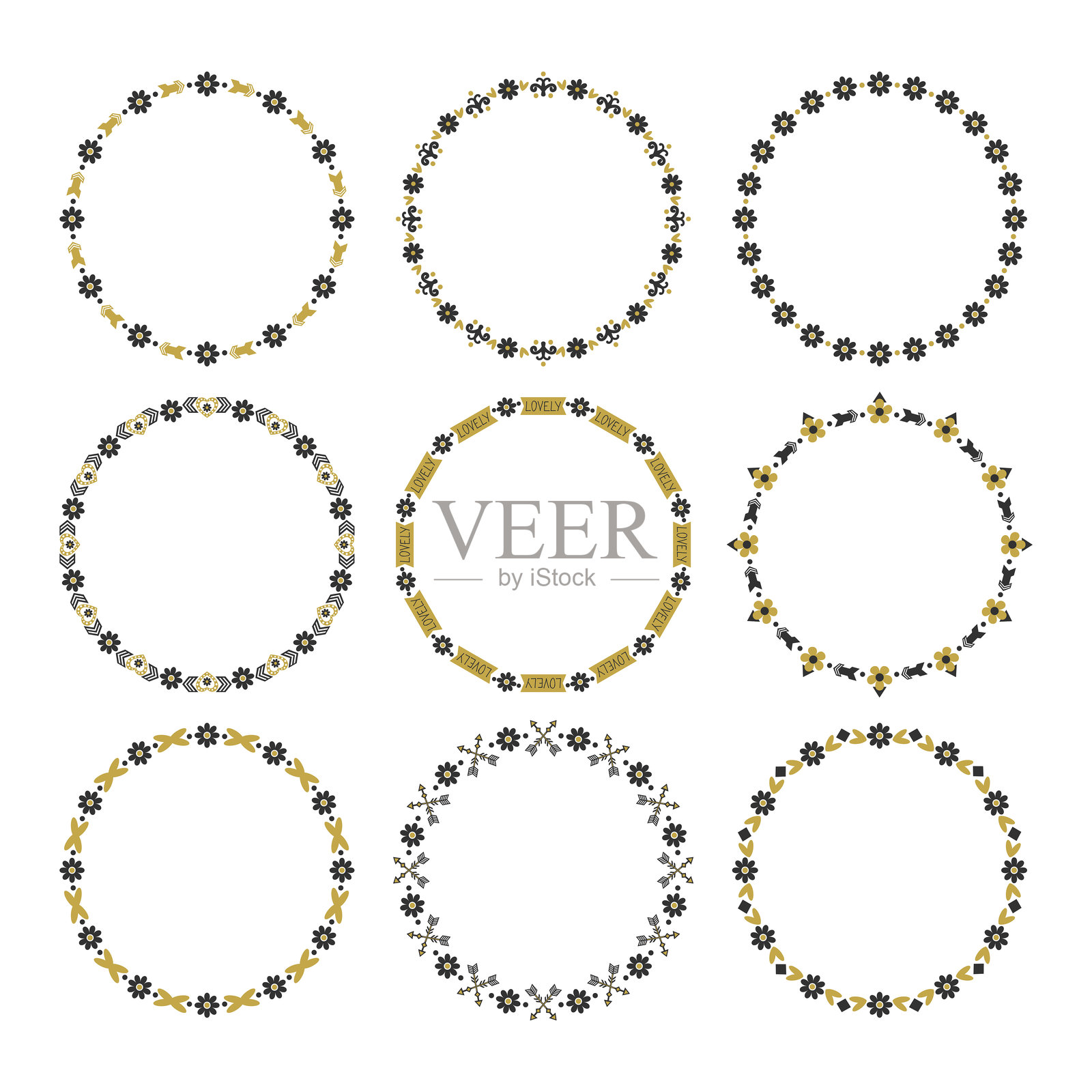 可爱时尚的空白黑金色花卉边框图案标志设计元素集，背景为白色插画图片素材