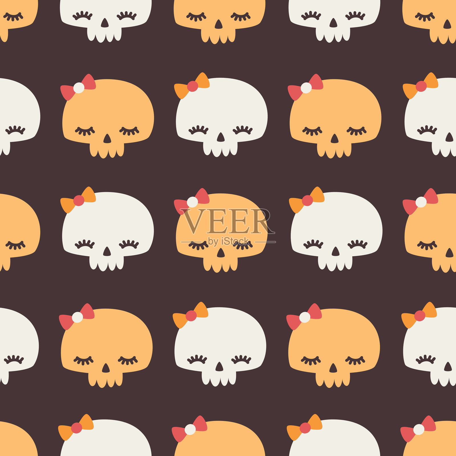 可爱的卡通万圣节无缝矢量图案背景插图，带有彩色卡通角色骷髅和蝴蝶结插画图片素材