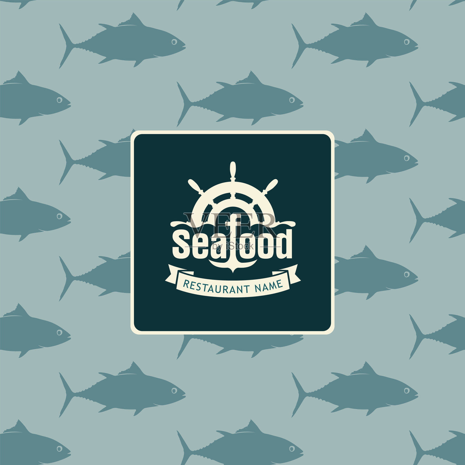 带有方向盘的标签，背景是无缝的海鱼图案插画图片素材