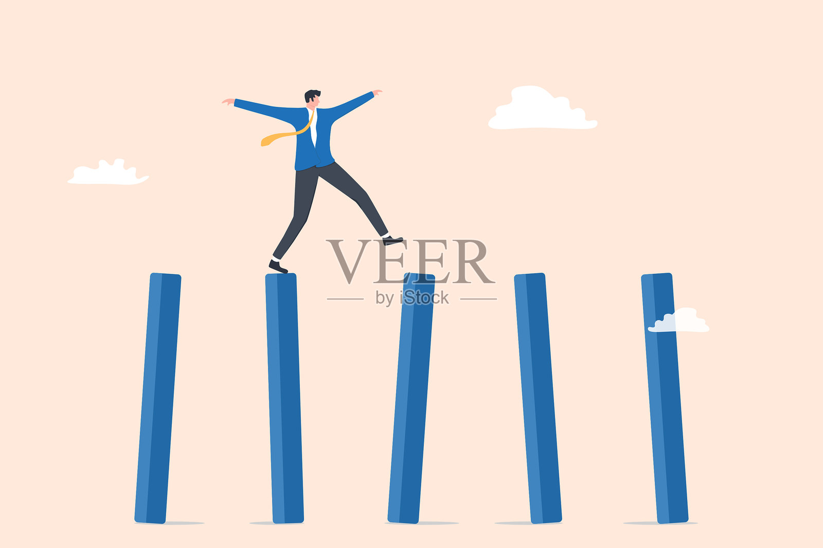 小心翼翼地走在堆叠柱子上的男人插画图片素材