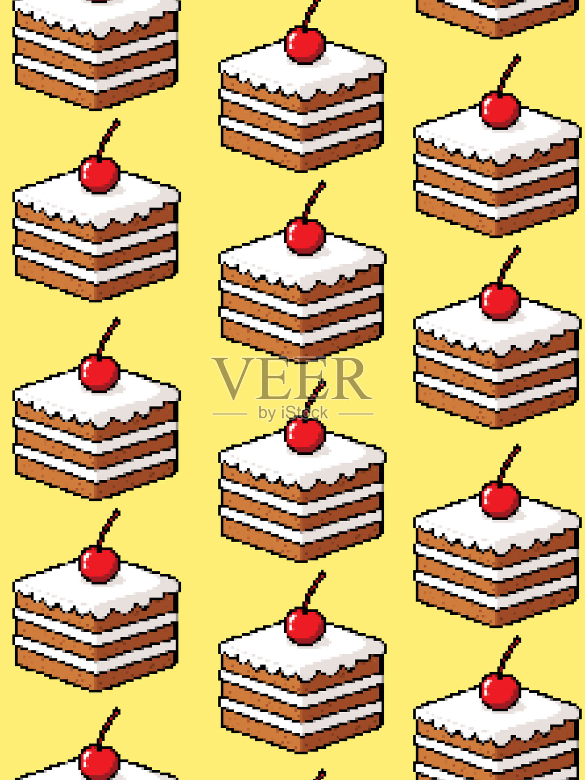复古像素化的甜点蛋糕切片，顶部有樱桃，黄色背景的无缝图案，适用于生日烘焙设计的包装纸插画图片素材