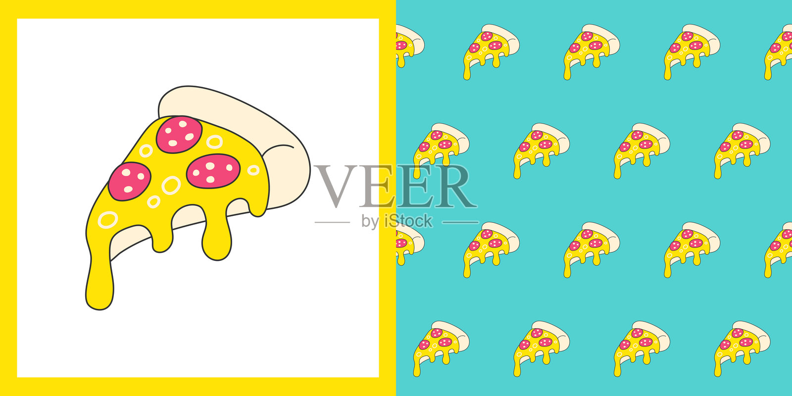 复古卡通比萨贴纸无缝图案，漫画风格比萨店矢量印刷，重复无尽模板插画图片素材