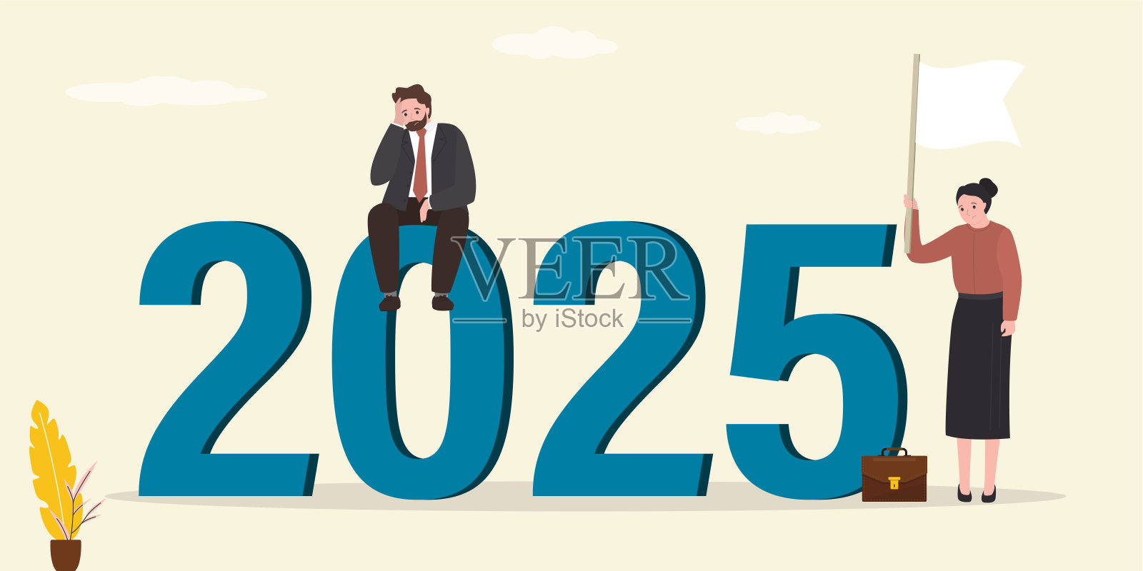 2025年附近的不快乐人们。问题，商业失败。女商人举着白旗，放弃，投降。处于压力和困境中的失败者。插画图片素材