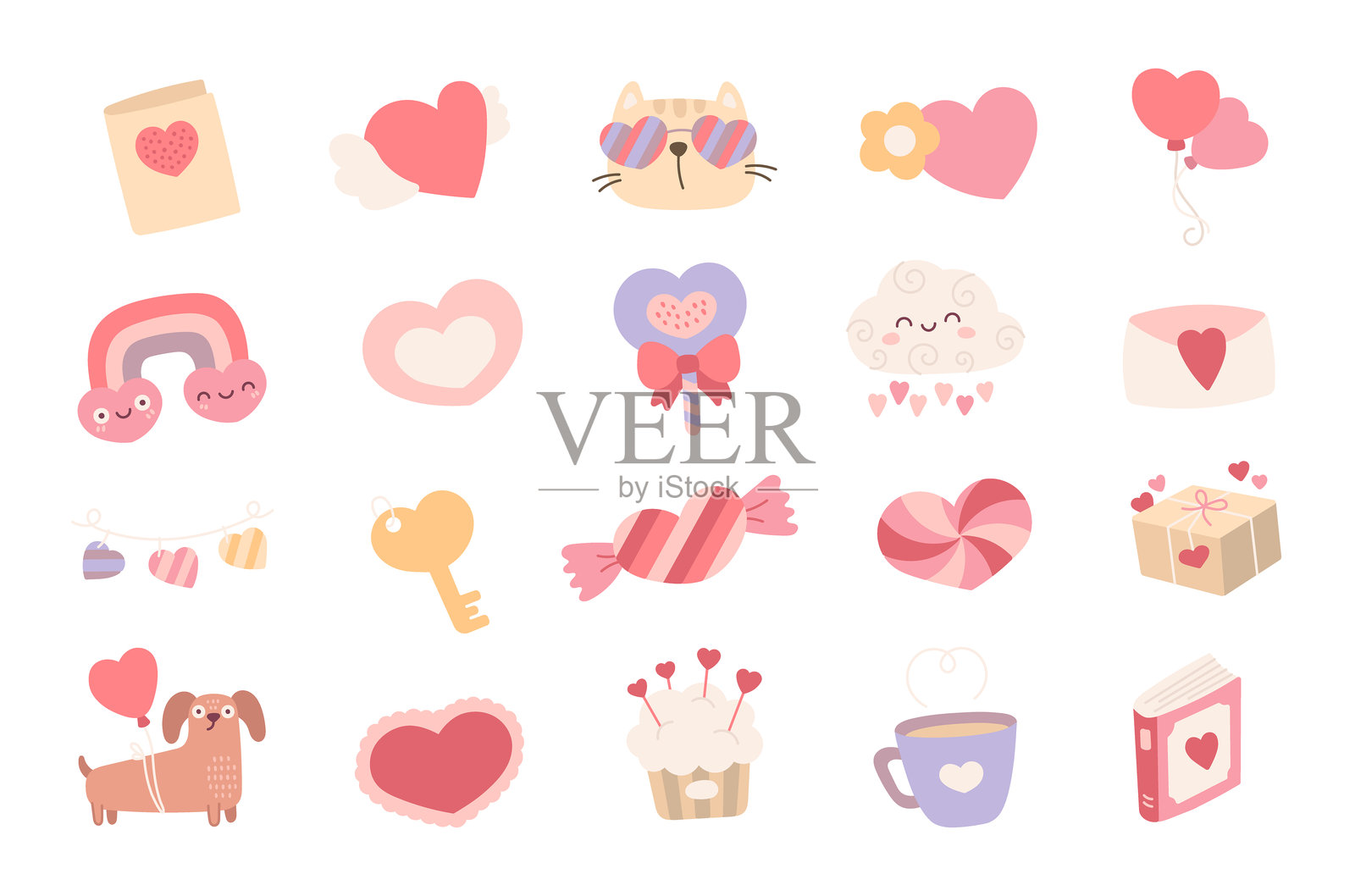 斯堪的纳维亚风格的情人节爱意，展示明信片、心形、气球、猫、彩虹、云朵、糖果、礼物、狗、杯子蛋糕、马克杯、书籍、信封、钥匙、棒棒糖插画图片素材