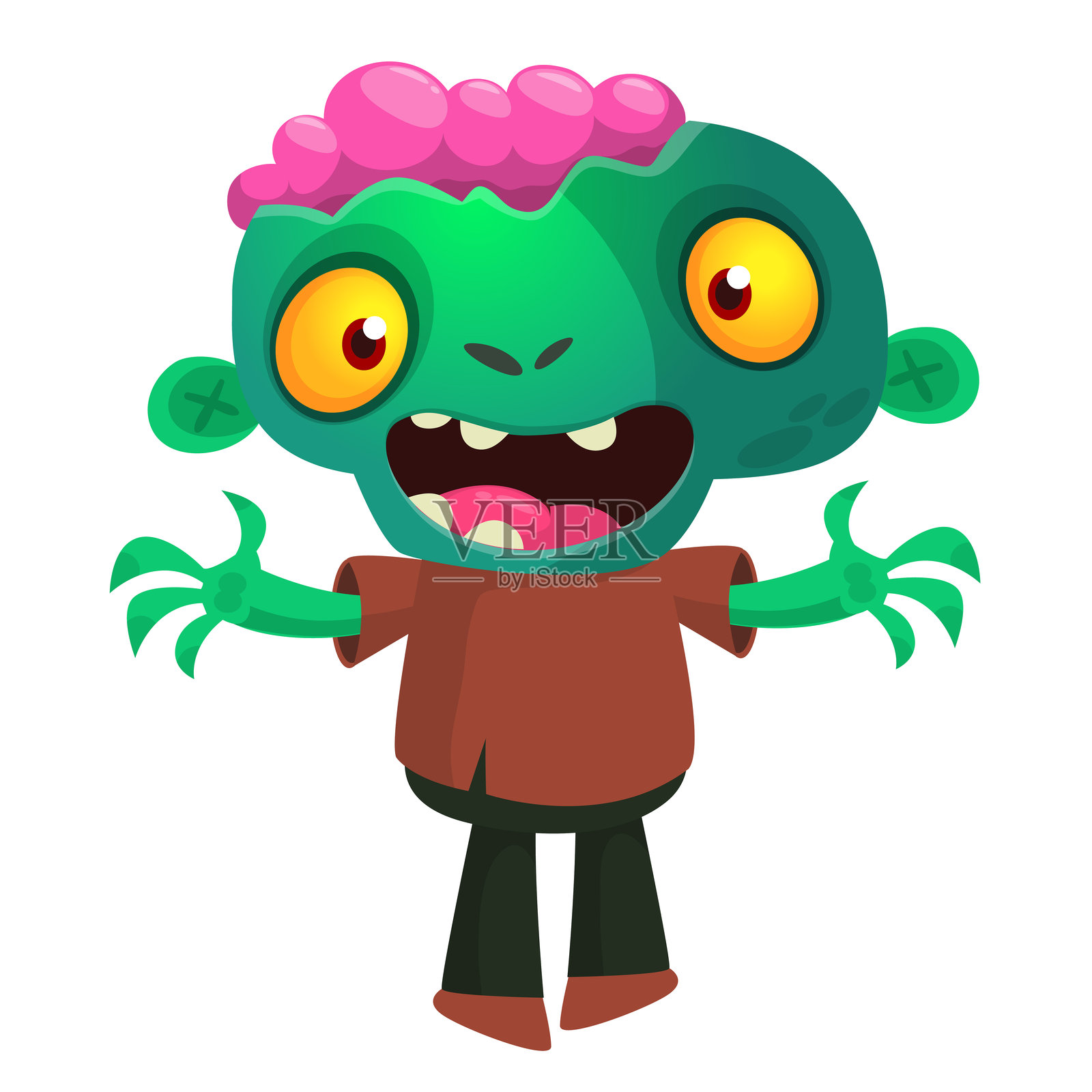 搞笑的卡通绿色僵尸。万圣节僵尸生物的矢量插图。插画图片素材