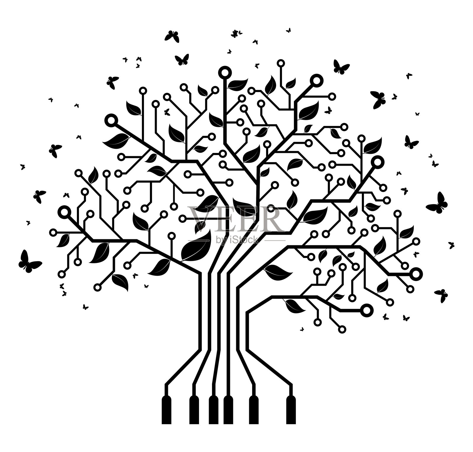 数字树，树枝为电子电路，树叶为有机形态，周围飞舞着蝴蝶。插画图片素材