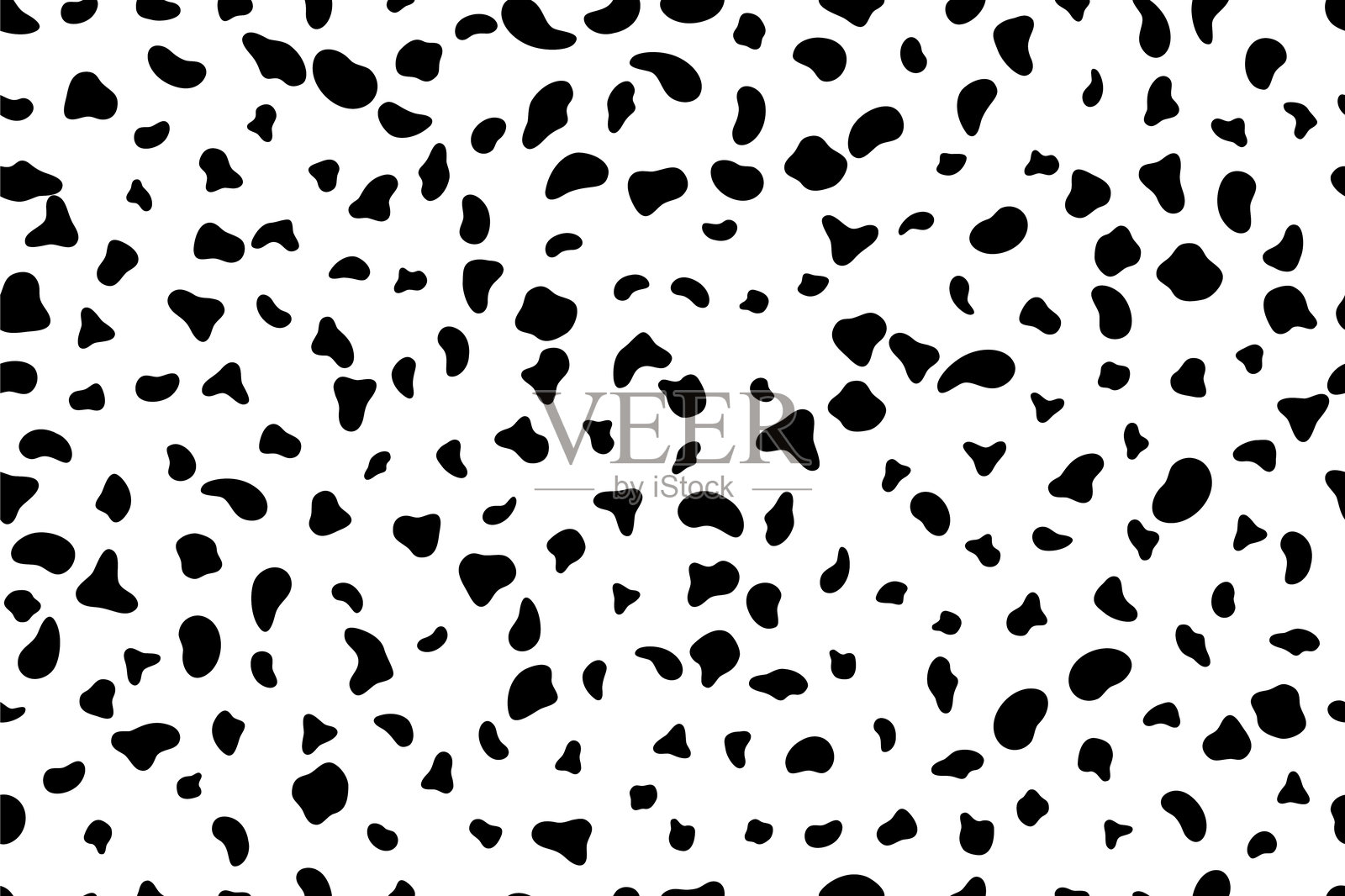 达尔马提亚犬无缝图案。黑色不规则斑点在白色背景上形成动物毛皮纹理。适用于纺织品、墙纸、包装纸的牛、狗、豹子印花设计。抽象矢量插图。插画图片素材