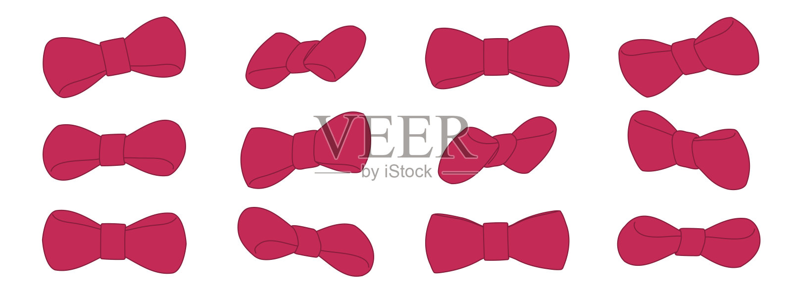 一组红色蝴蝶结图标，包含扁平和3D插图风格，背景为白色。适用于节日、礼物、时尚和庆祝设计的简约矢量装饰元素。插画图片素材