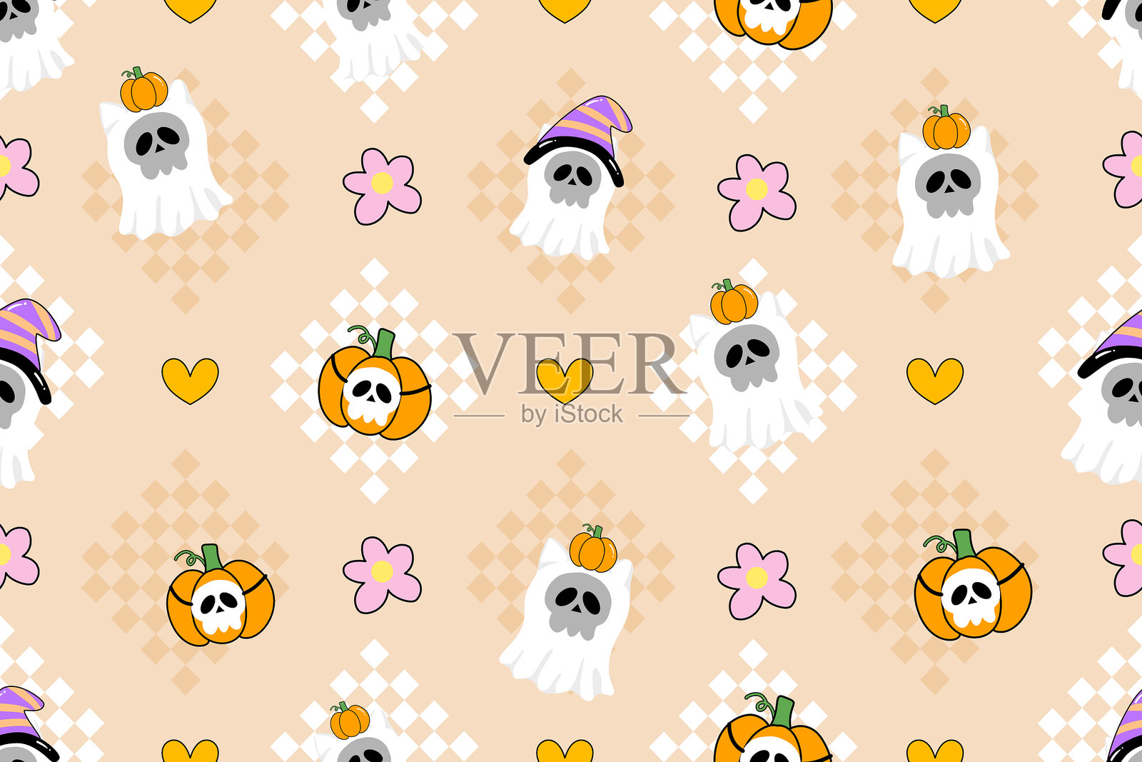 可爱鬼魂、南瓜、蜘蛛网和蝴蝶结无缝图案，万圣节蝴蝶结无缝图案，俏皮鬼魂南瓜无缝图案插画图片素材