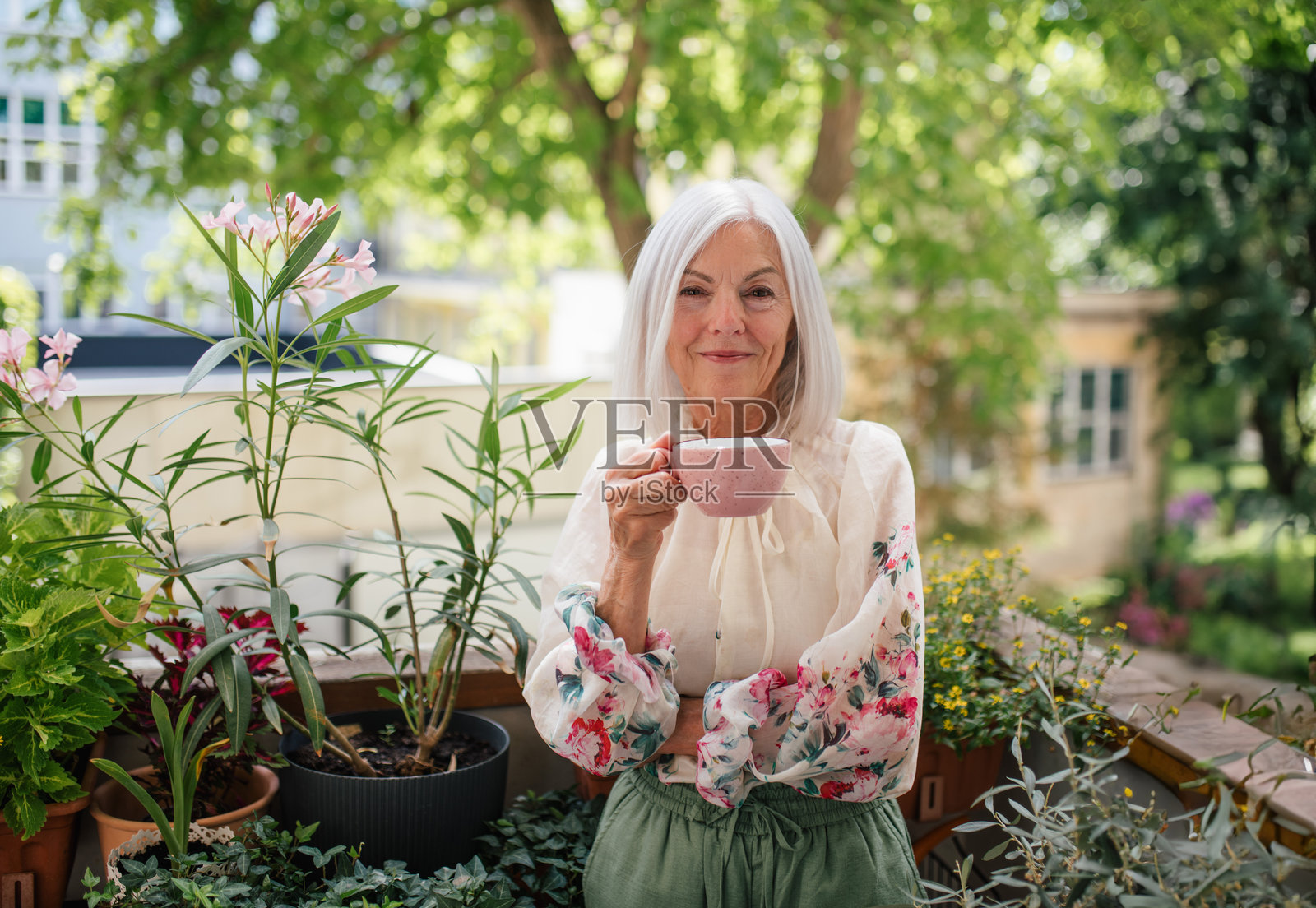 美丽的老年女性站在阳台上喝咖啡。照片摄影图片