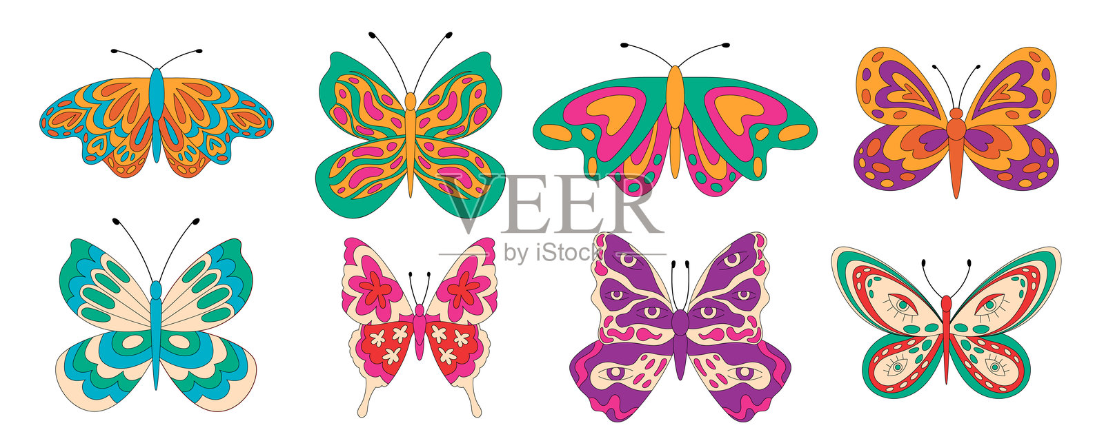 复古风格的炫酷蝴蝶卡通套装插画图片素材