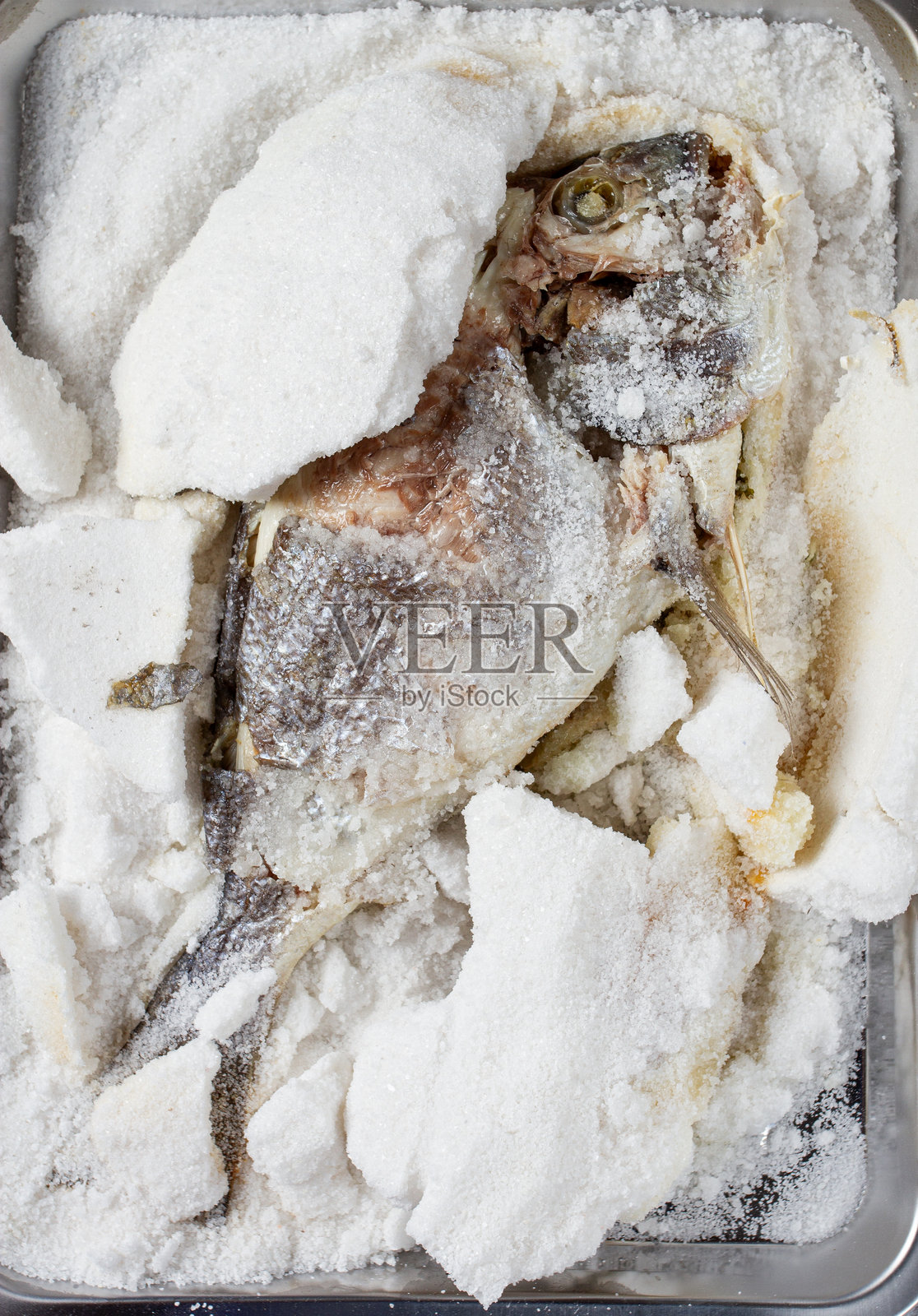 烤制的多罗鱼，放在烤盘上撒盐，俯视图，自制，无人。照片摄影图片