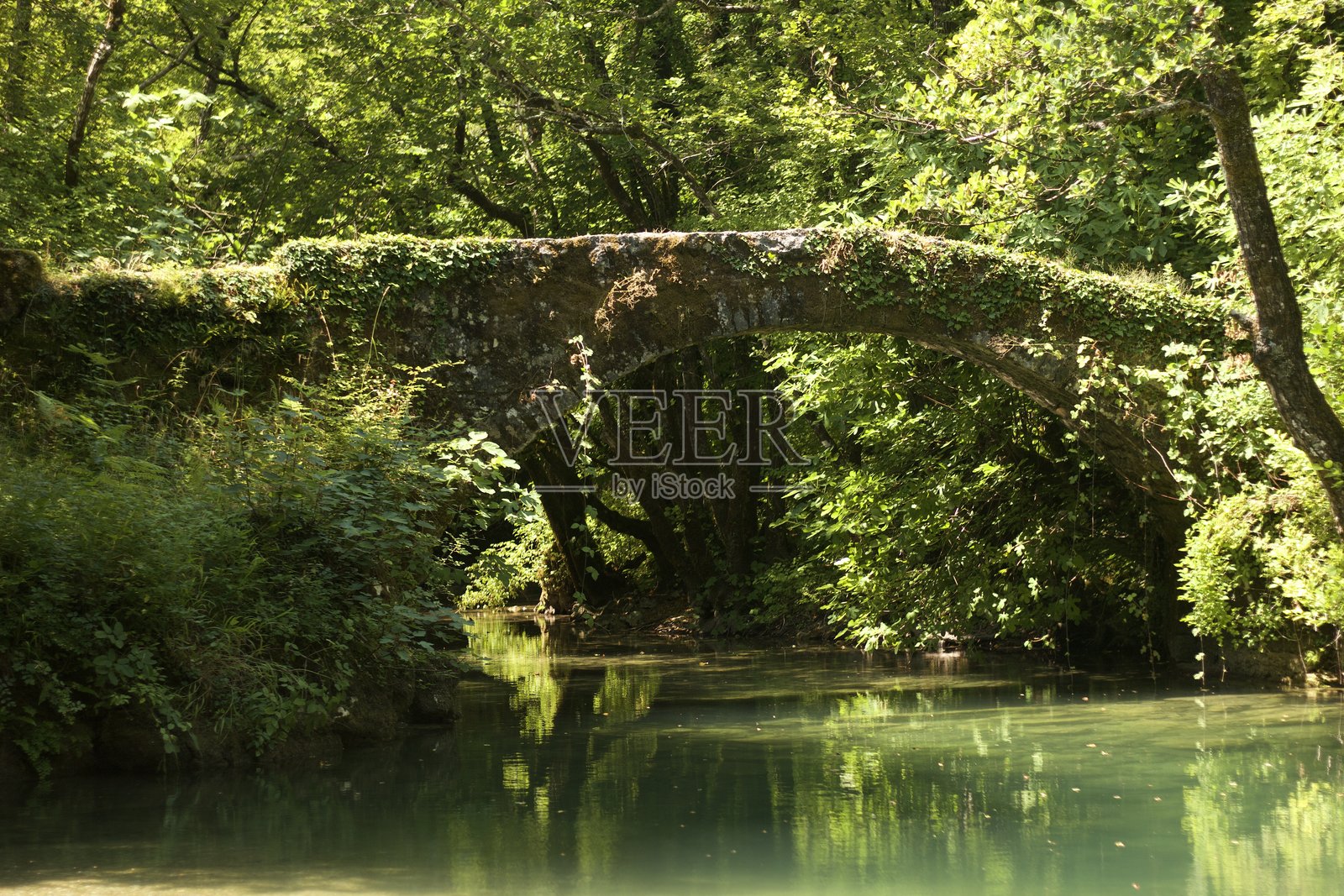 阳光明媚的地中海森林中的古老石拱桥照片摄影图片