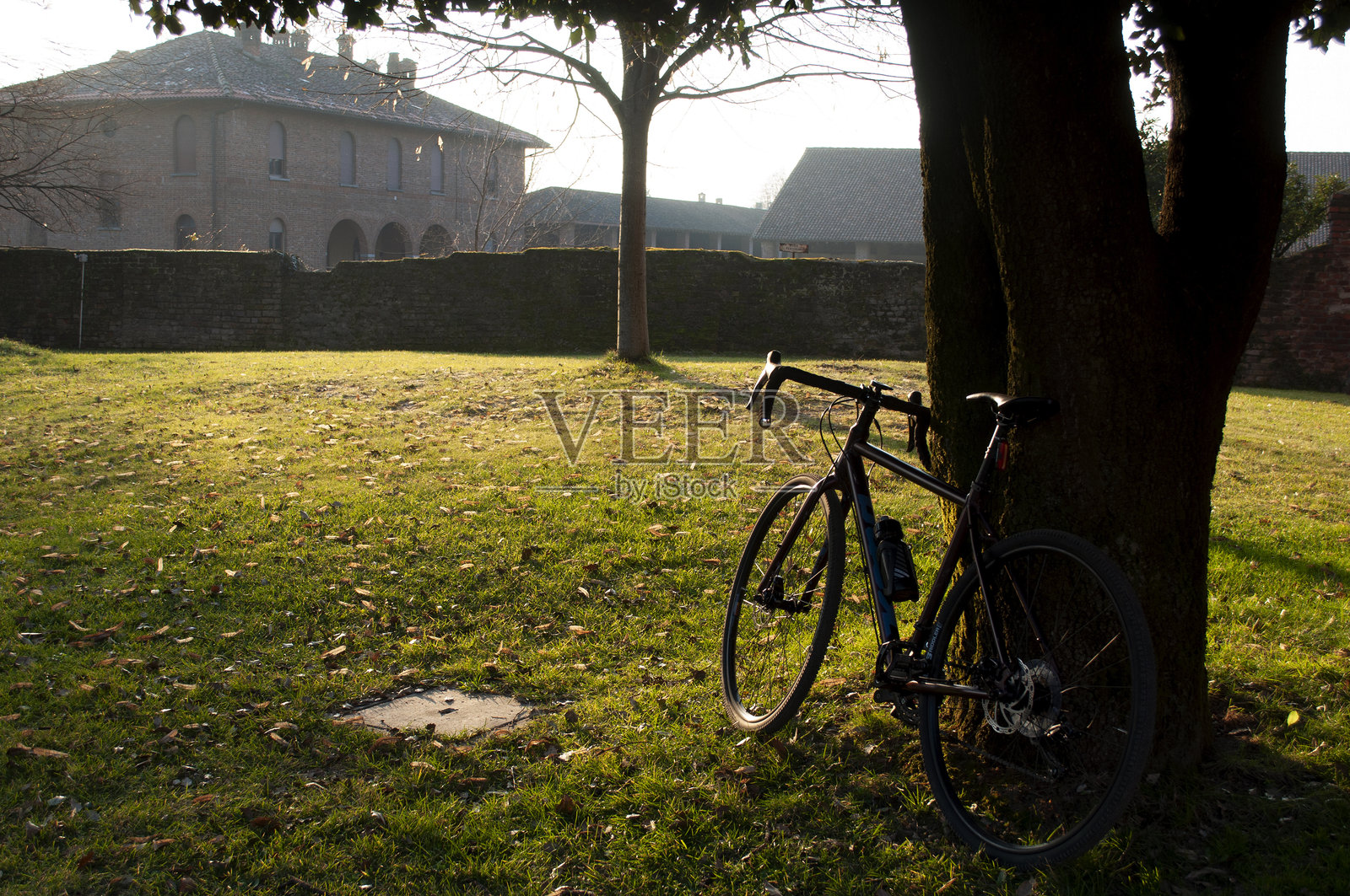 在午后阳光照耀下的美丽的绿色花园里骑沙砾自行车。意大利米兰省照片摄影图片