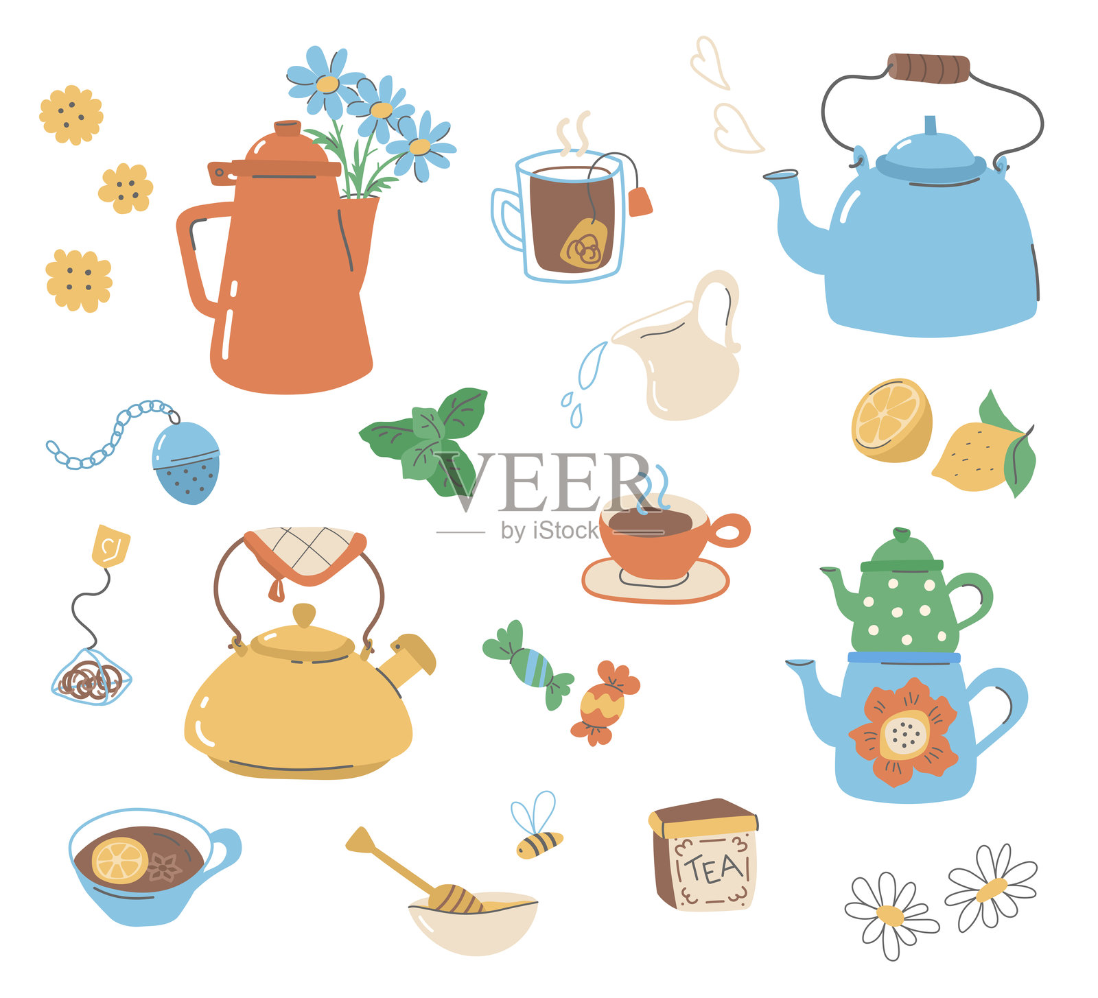 复古矢量水壶和茶的时间属性插画图片素材