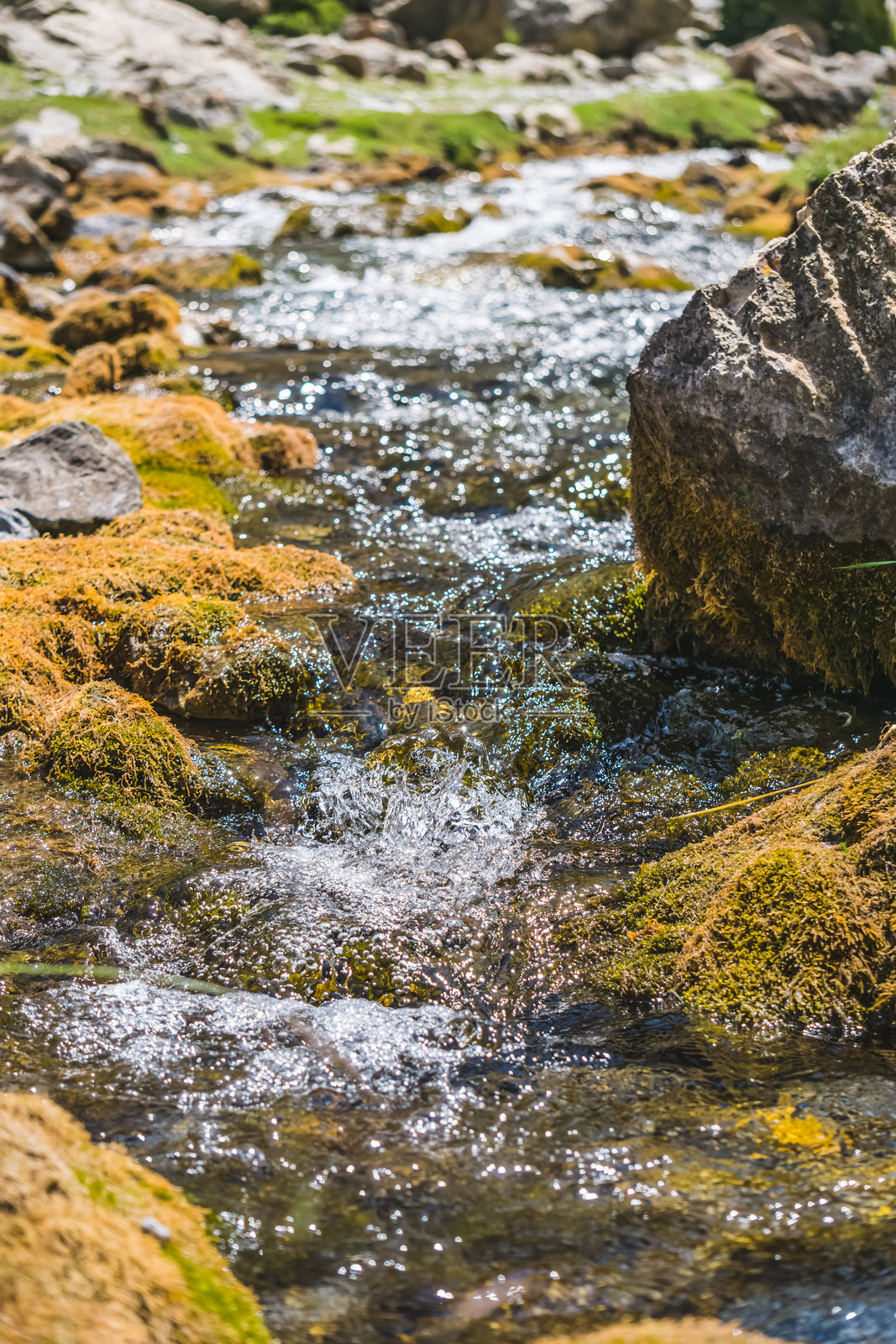 山溪，清澈的河水在塔吉克斯坦的扇山流过石头照片摄影图片