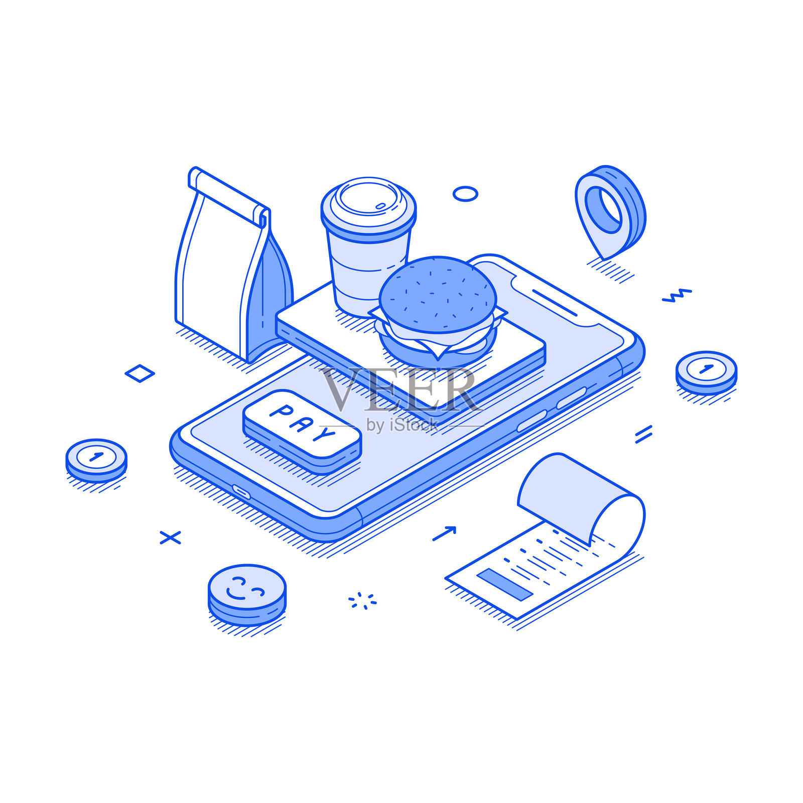 快餐外卖快递服务智能手机应用等距矢量插图插画图片素材