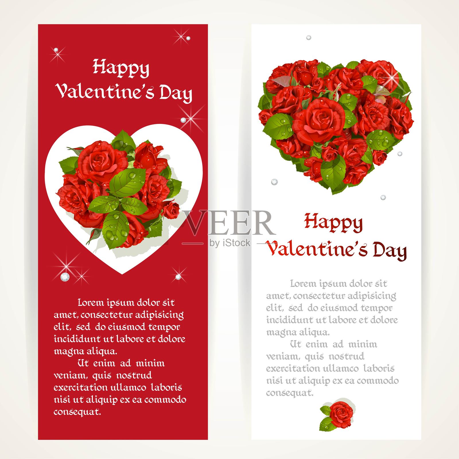 白色和红色背景上的两条垂直横幅上的红玫瑰插画图片素材