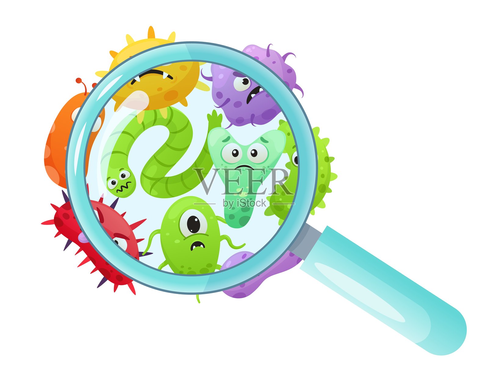 放大镜下的细菌。卡通细菌和病毒角色，细菌和微生物被放大，病原微生物特写。卫生与健康的矢量孤立概念。插画图片素材