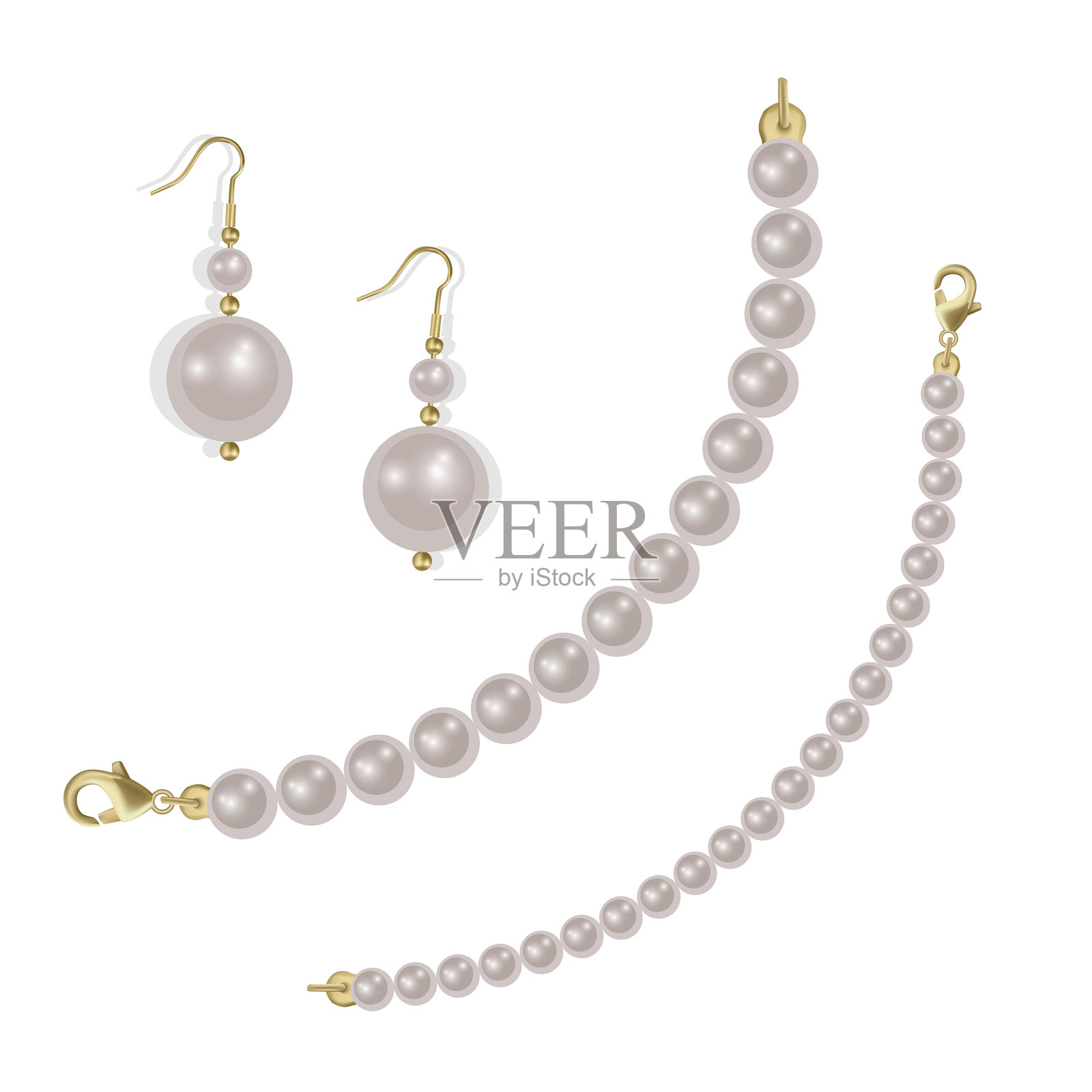 优雅的珍珠项链 珍珠首饰套装 手链和耳环插画图片素材