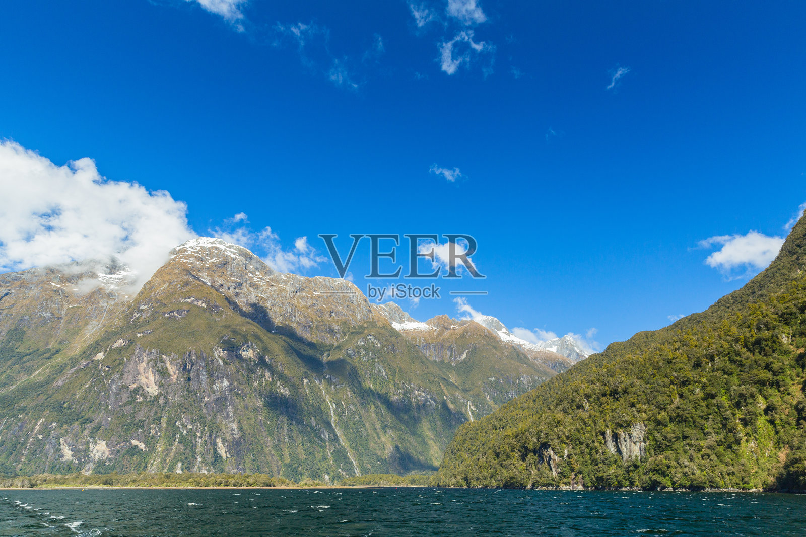 新西兰菲ordland国家公园米尔福德峡湾游轮上的景色照片摄影图片
