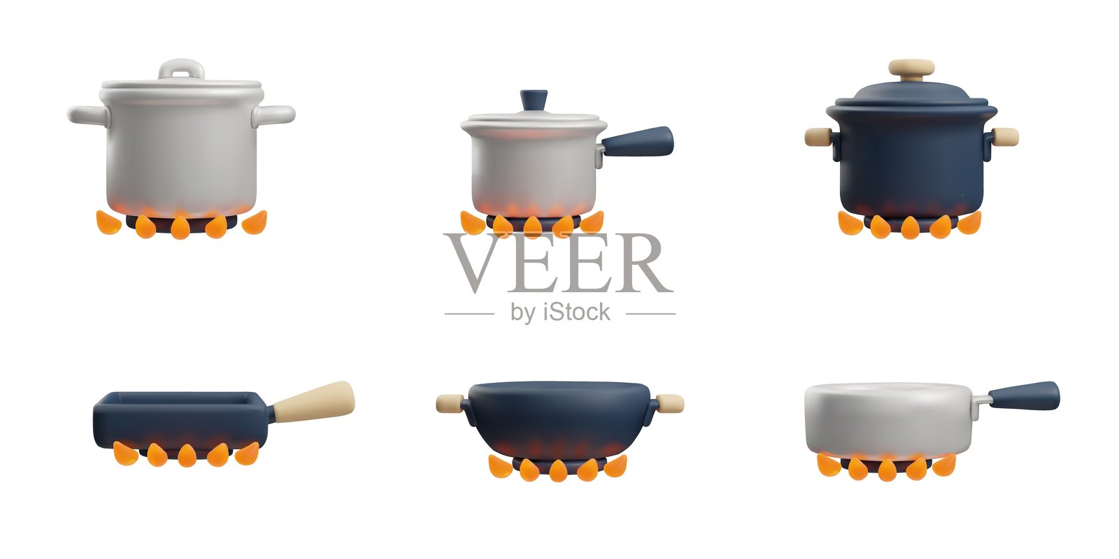 矢量厨房设计3D图标，白色背景上的锅和煎锅插画图片素材