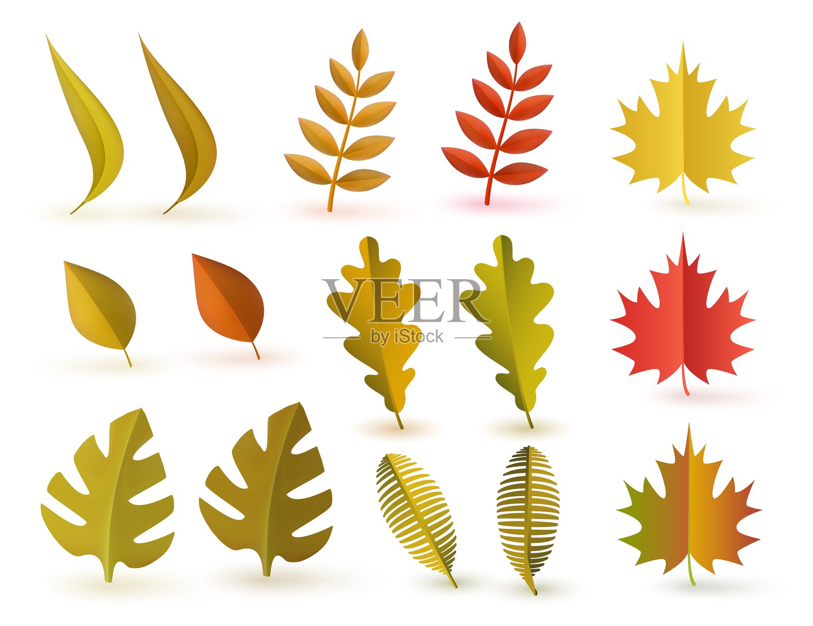 五彩斑斓的秋叶纸艺，展示了各种树叶的黄色和红色。插画图片素材